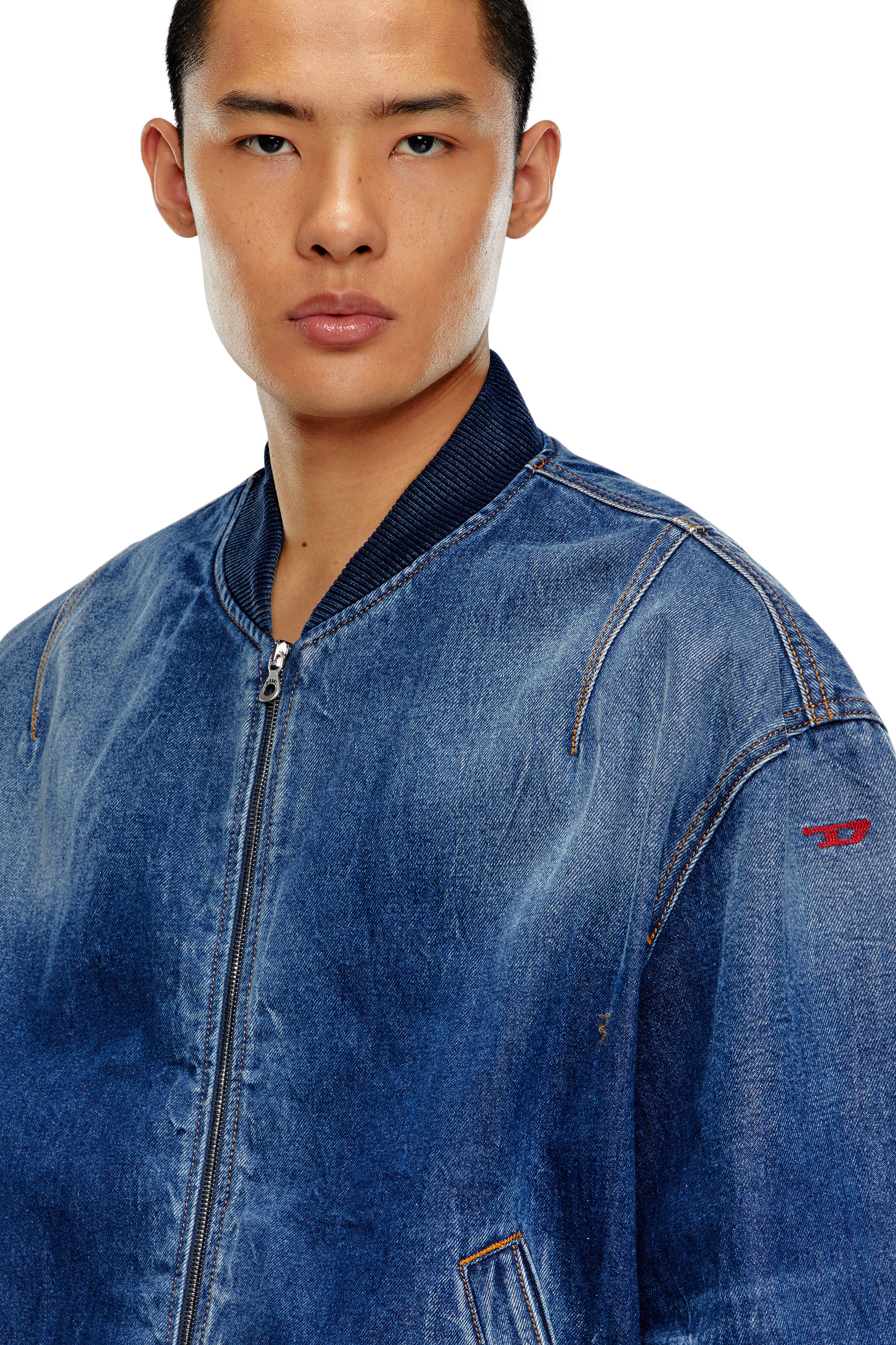 Diesel - D-VINZ-S, Man's Bomber jacket in dented denim in Dark Blue - 4