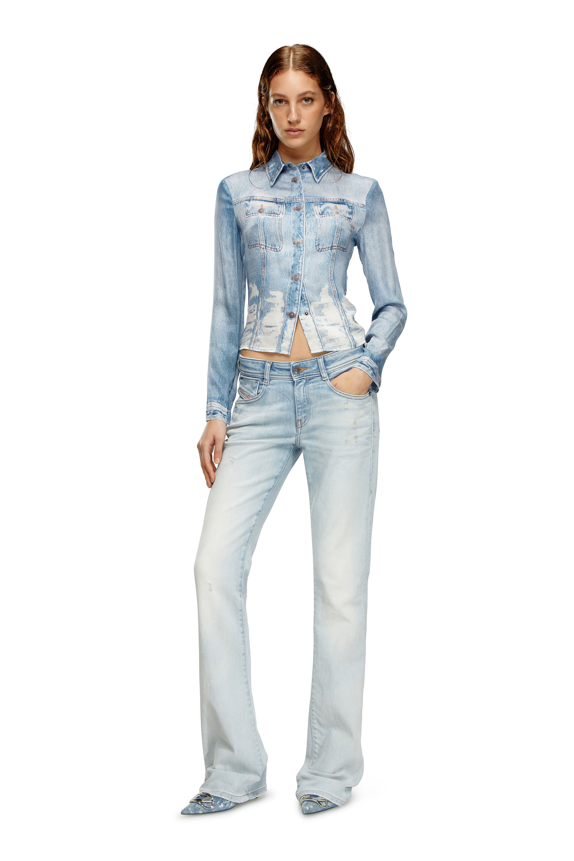 Diesel - C-LORELLE, Woman's Cropped shirt with denim print in Light Blue - 2