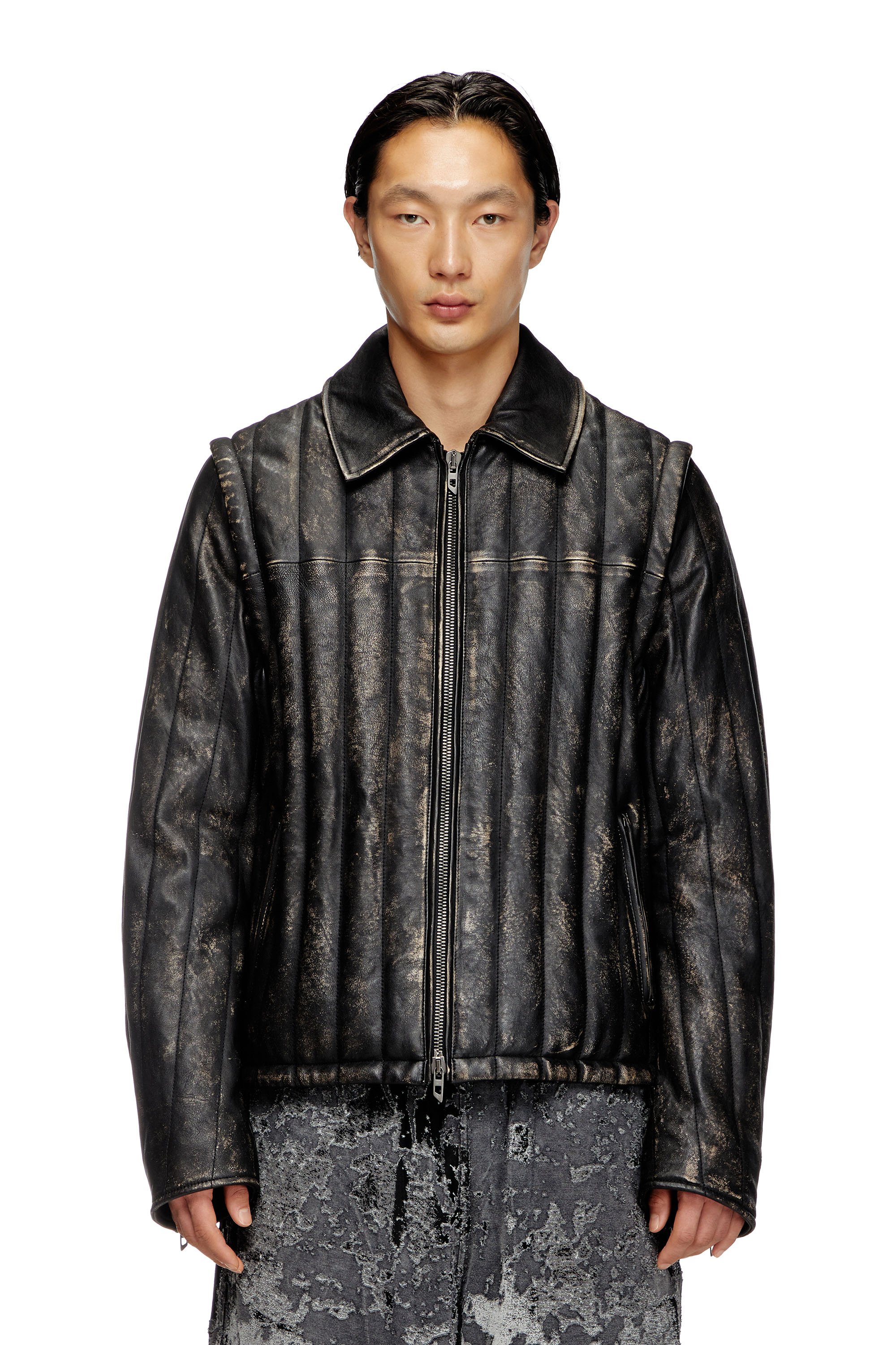 Diesel - L-ALBERT, Chaqueta/chaleco de cuero acolchado y desgastado Hombre in Negro - 1