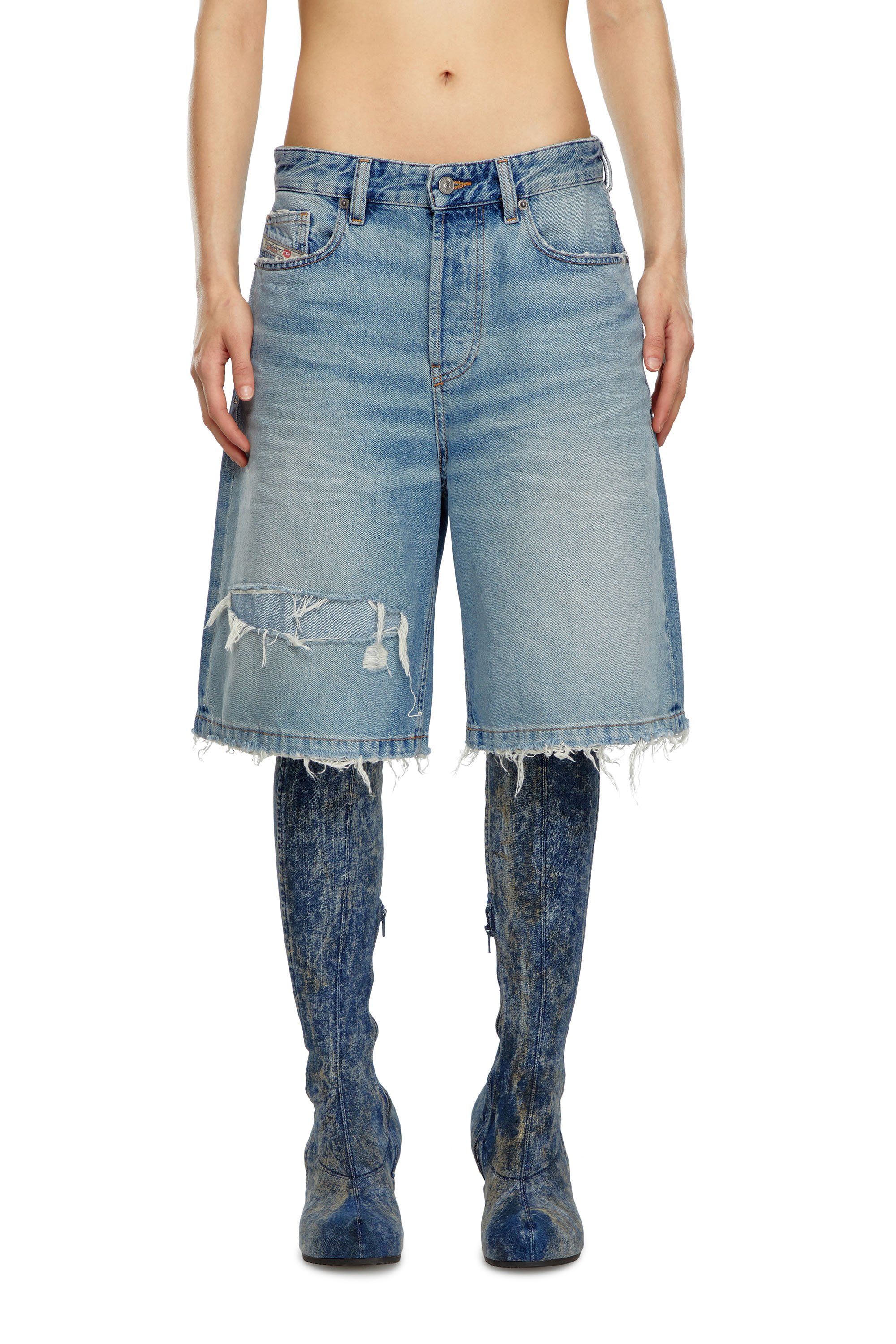 Diesel - DE-SIRE-SHORT, Woman's Shorts in ripped and repaired denim in Light Blue - 2