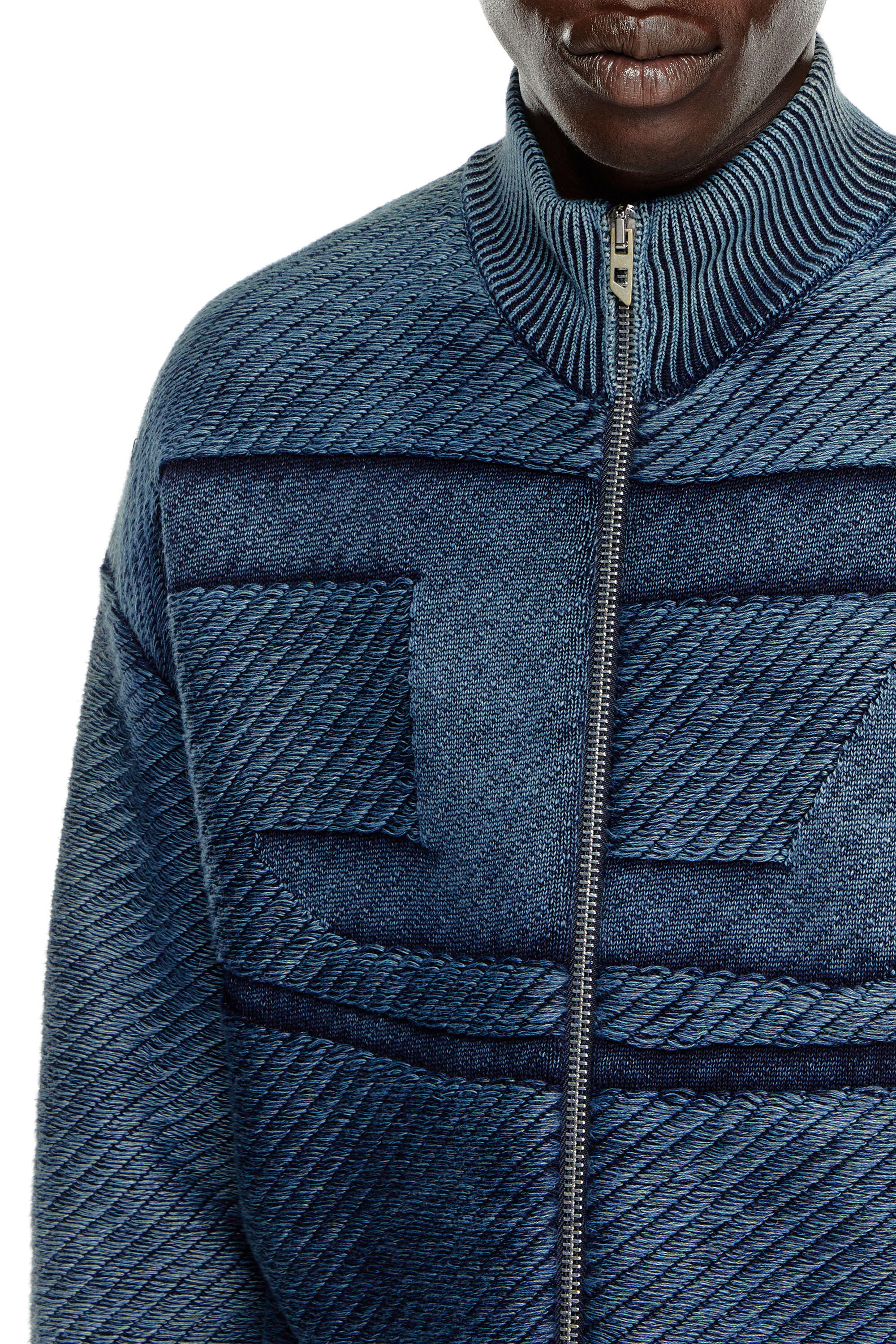 Diesel - K-KLEVERY-ZIP, Man's Denim-effect zip-up cardigan in cotton in Blue - 4