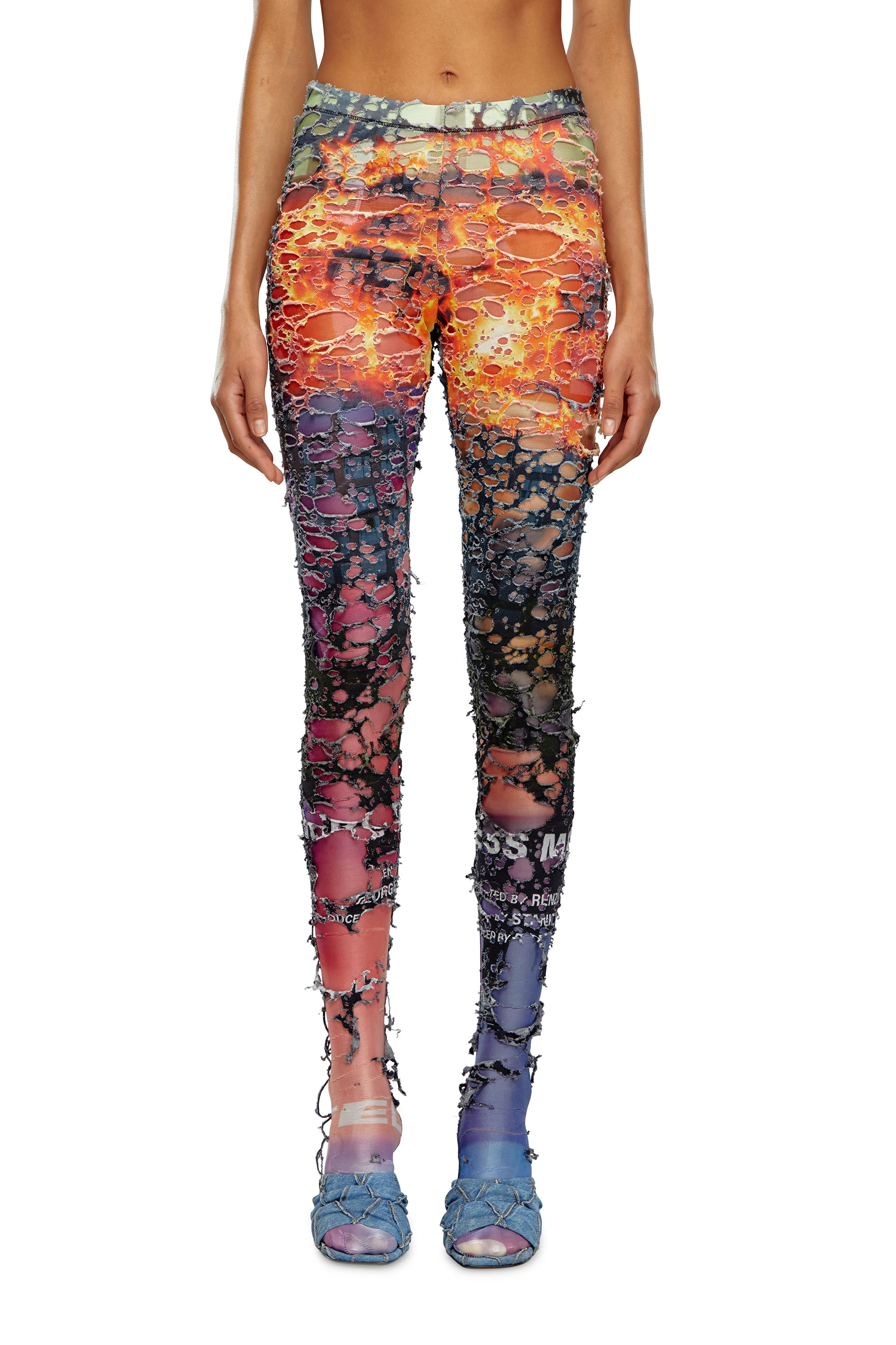 Diesel - P-KOLL-DEV, Woman's Destroyed tights with cinema prints in Orange/Pink - 1