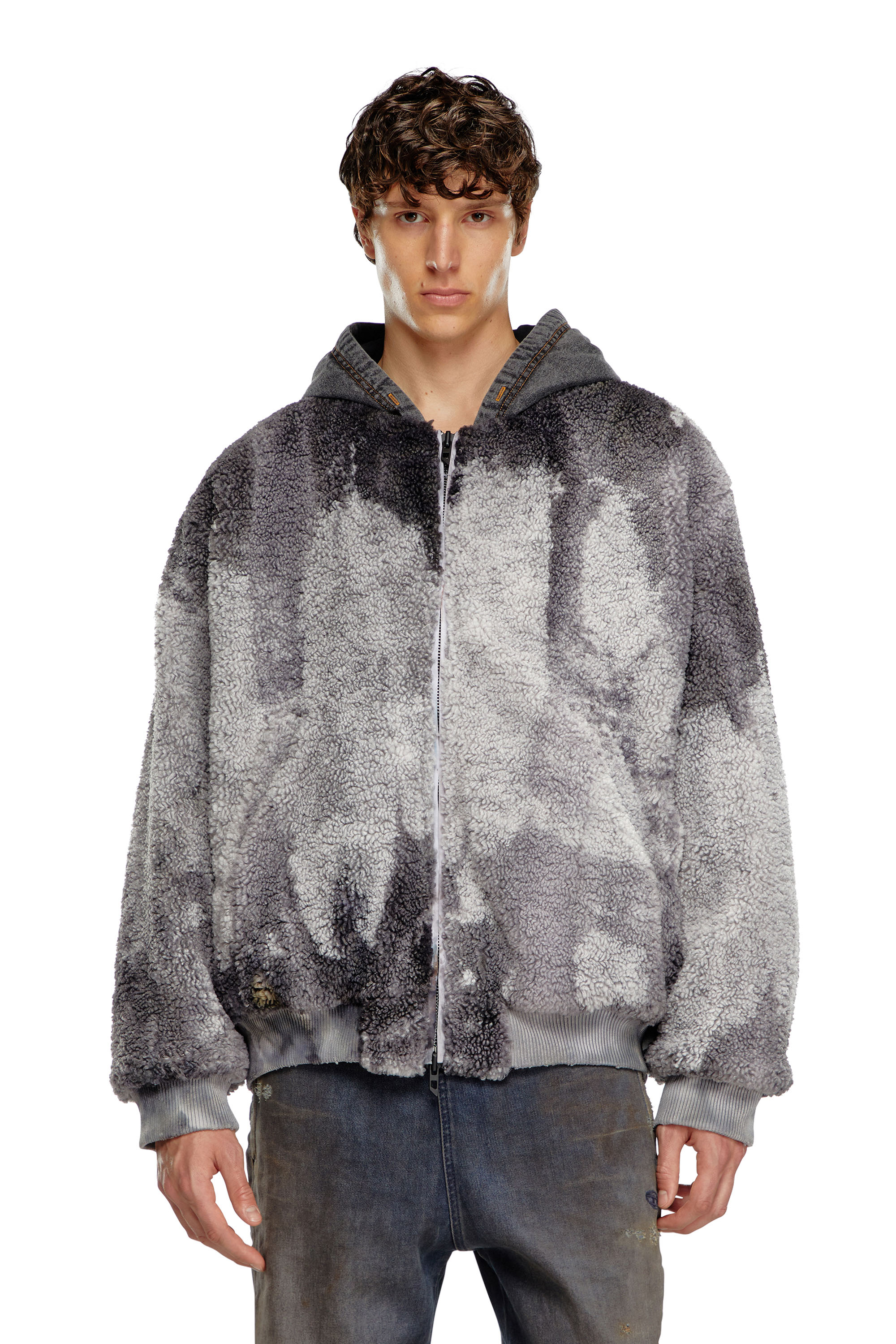 Diesel - S-DEPLA, Man's Tie-dyed teddy jacket with denim hood in Grey - 5