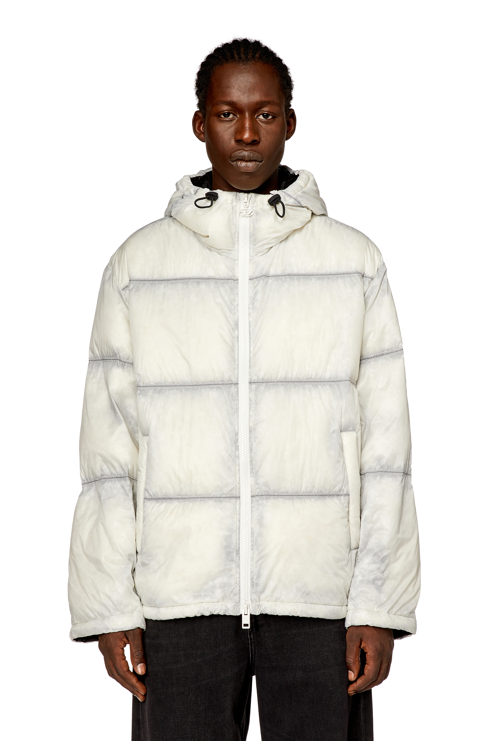 Diesel - W-BASKIN, Man's Hooded down jacket in sheer ripstop in White/Black - 5