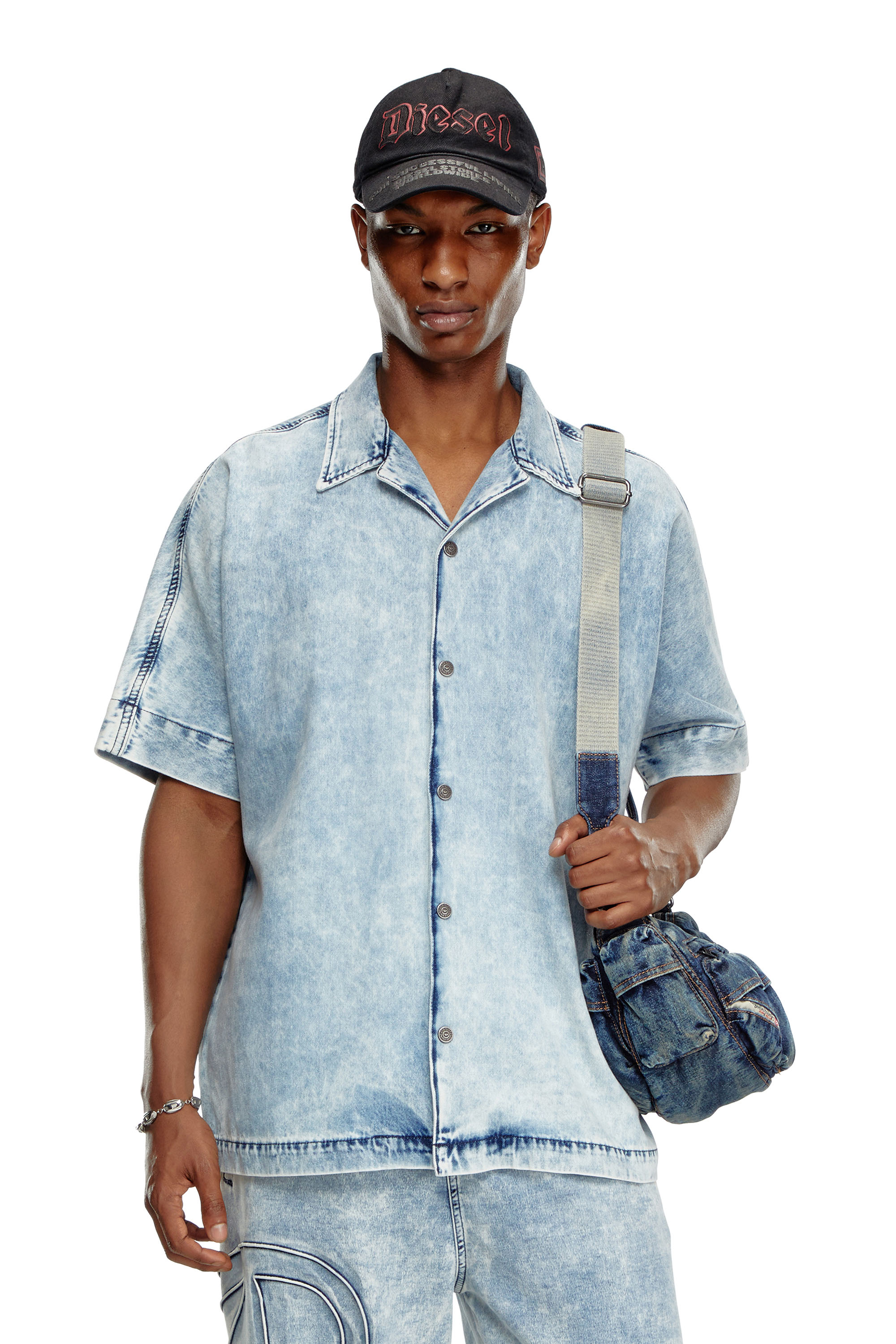 Diesel - D-NABIL-S, Man's Denim bowling shirt with Oval D in Light Blue - 3