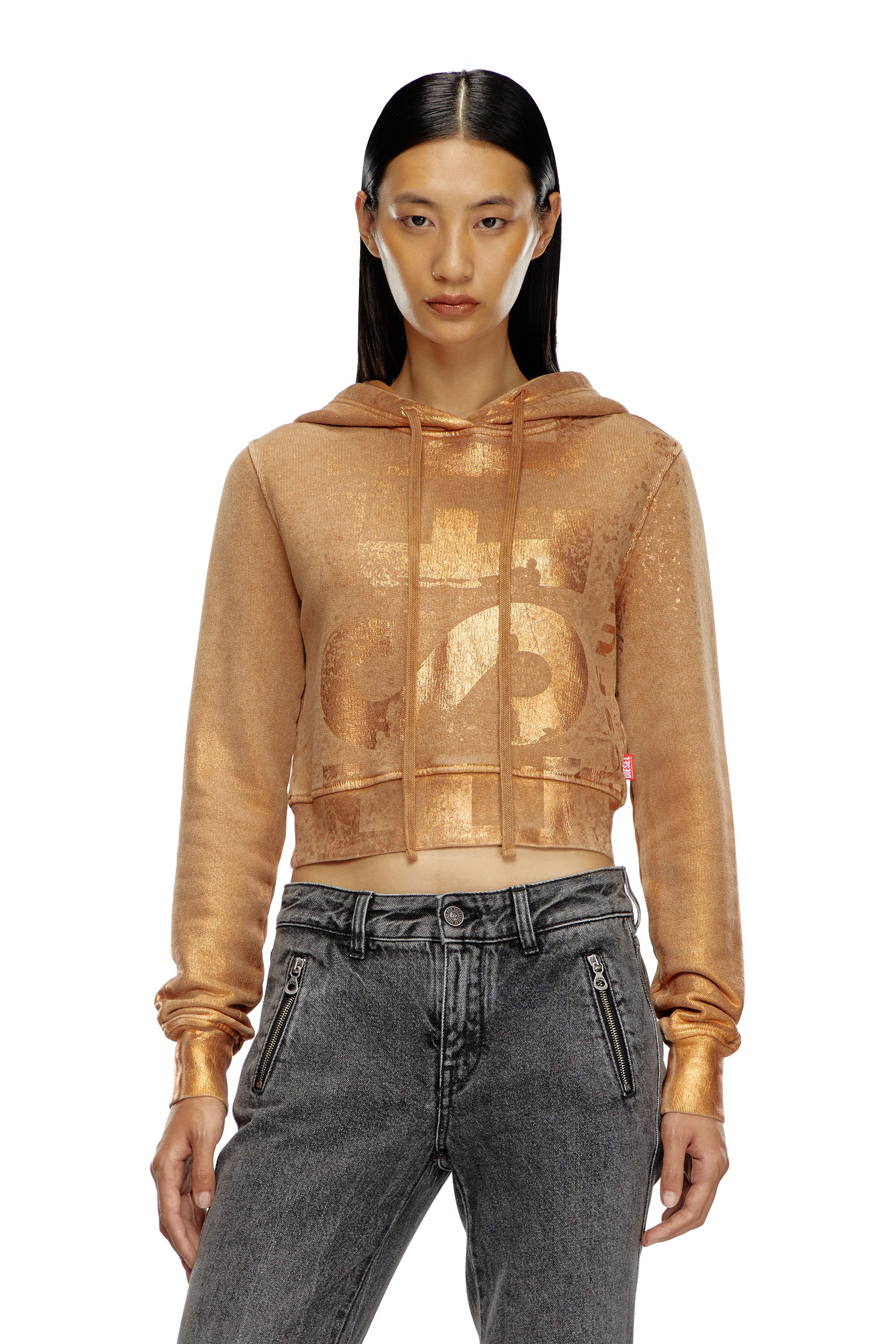 Diesel - F-SLIMMY-HOOD-P6, Woman's Cropped hoodie with metallic effects in Light Brown - 1