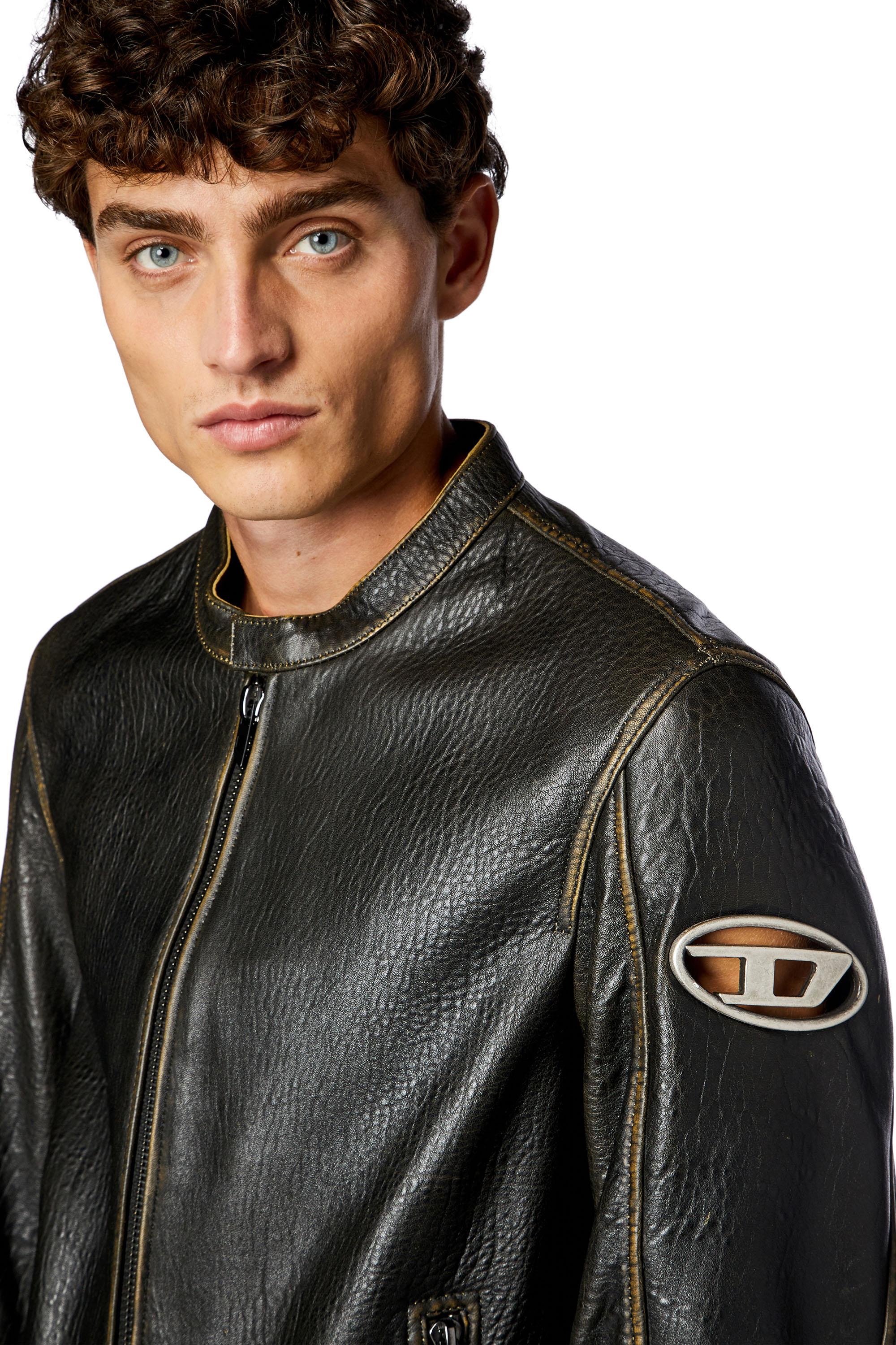 Diesel - L-COBBE, Man's Biker jacket in wrinkled leather in Brown - 4