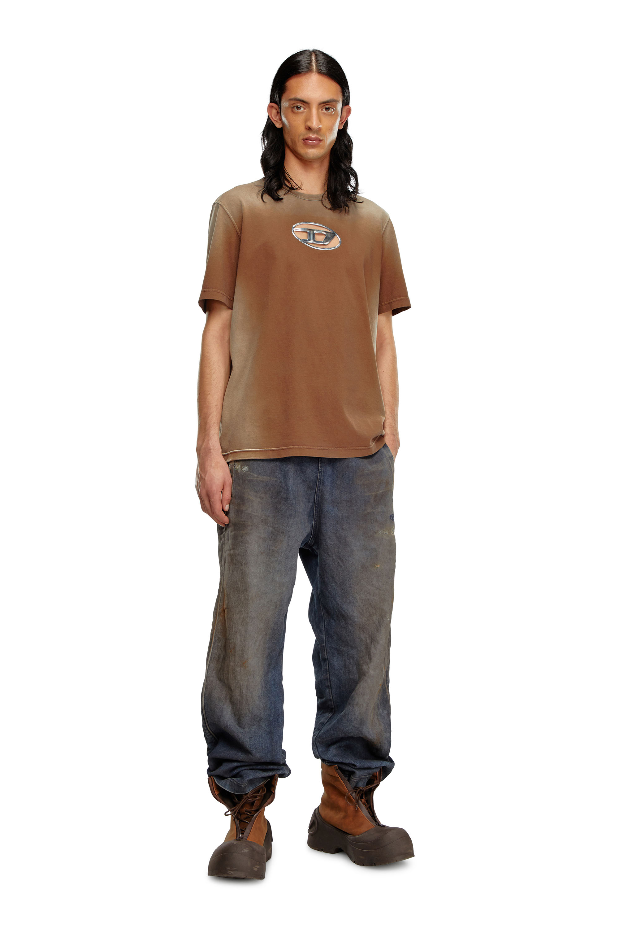 Diesel - T-ADJUST-Q8, Man's Faded T-shirt with cut-out Oval D logo in Brown - 3