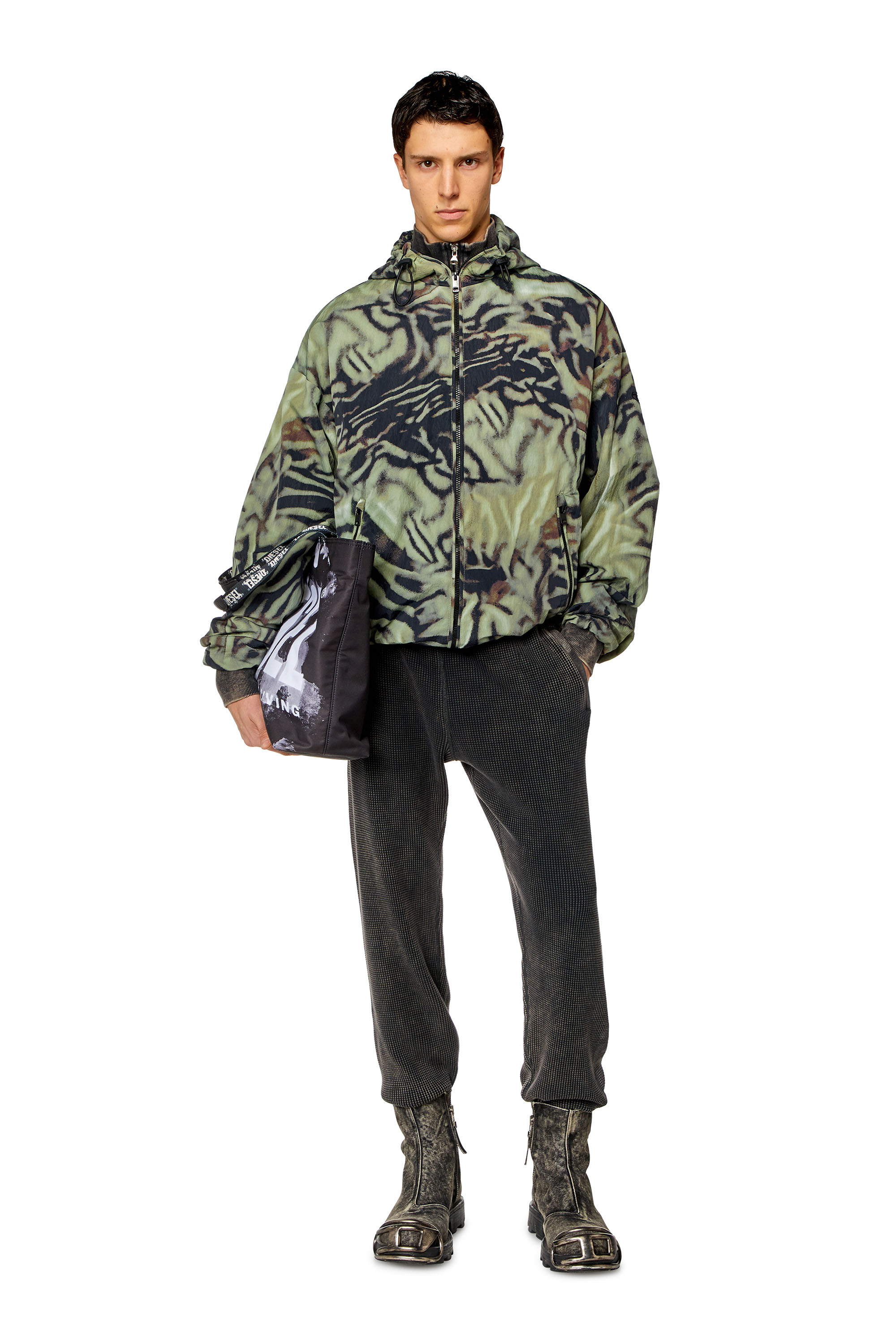 Diesel - J-LEOPOLD-ZEBRA, Man's Nylon windbreaker with camo-zebra print in Military Green - 2