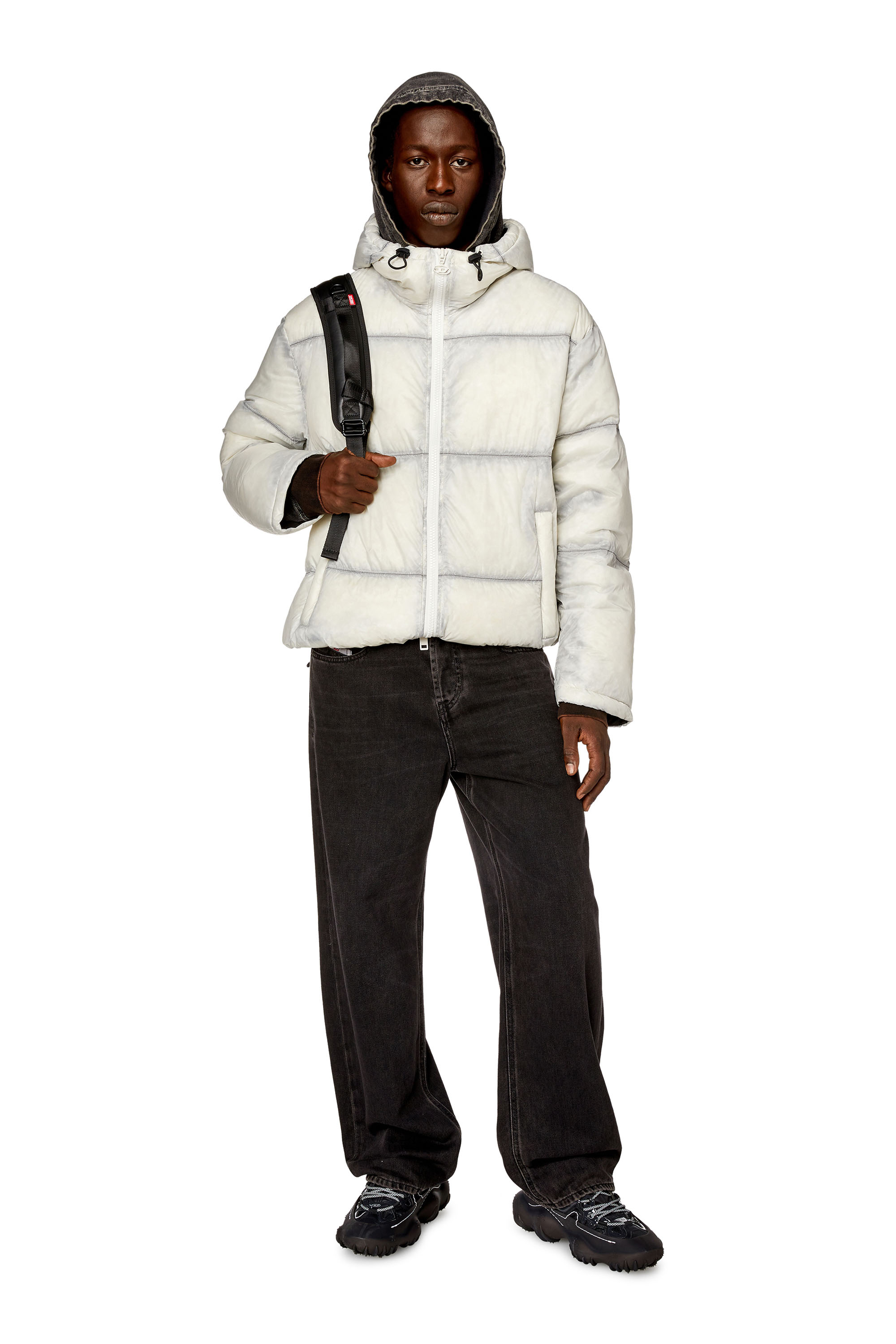 Diesel - W-BASKIN, Man's Hooded down jacket in sheer ripstop in White/Black - 2