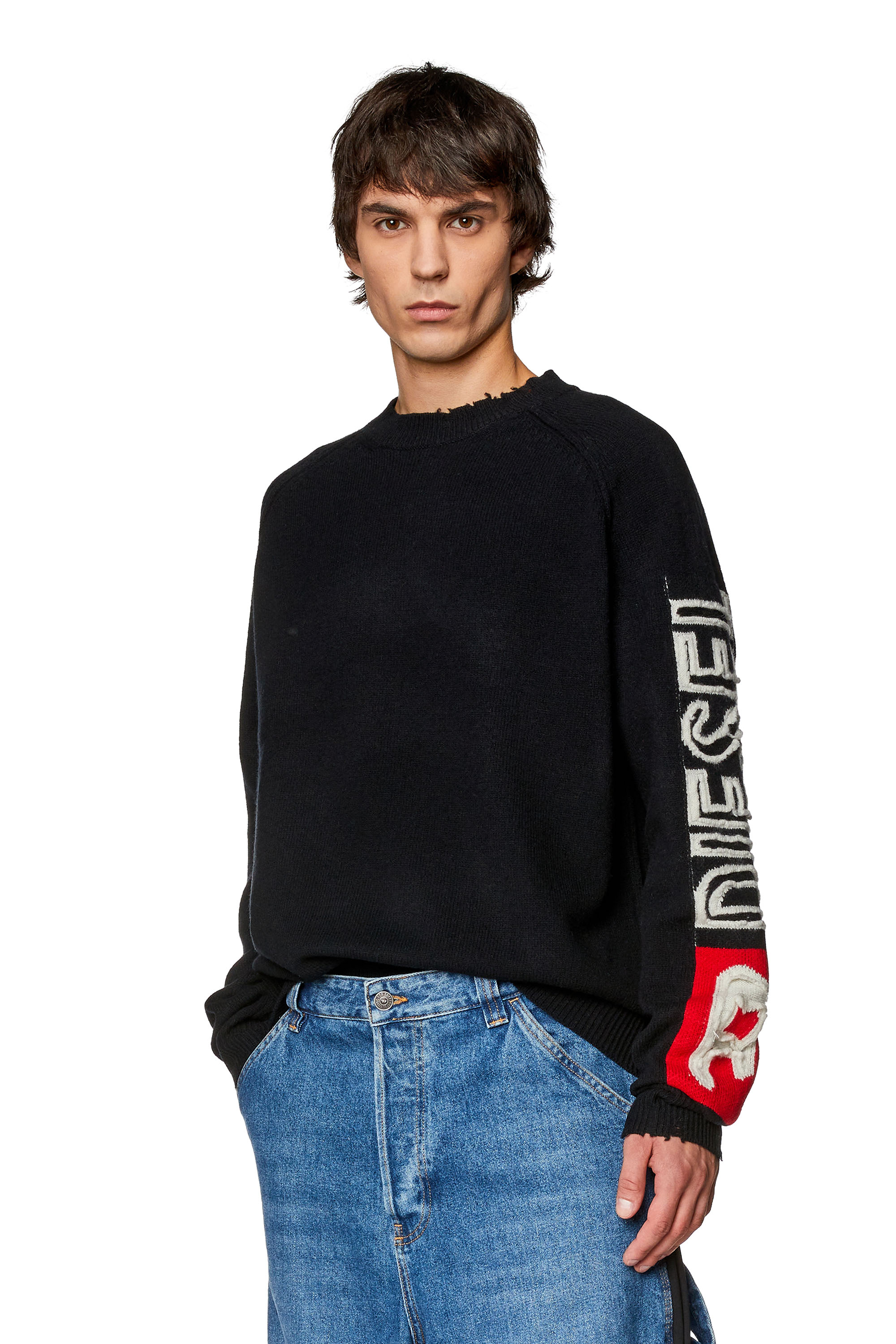 Diesel - K-SARIA, Man's Wool sweater with cut-up logo in Black - 1