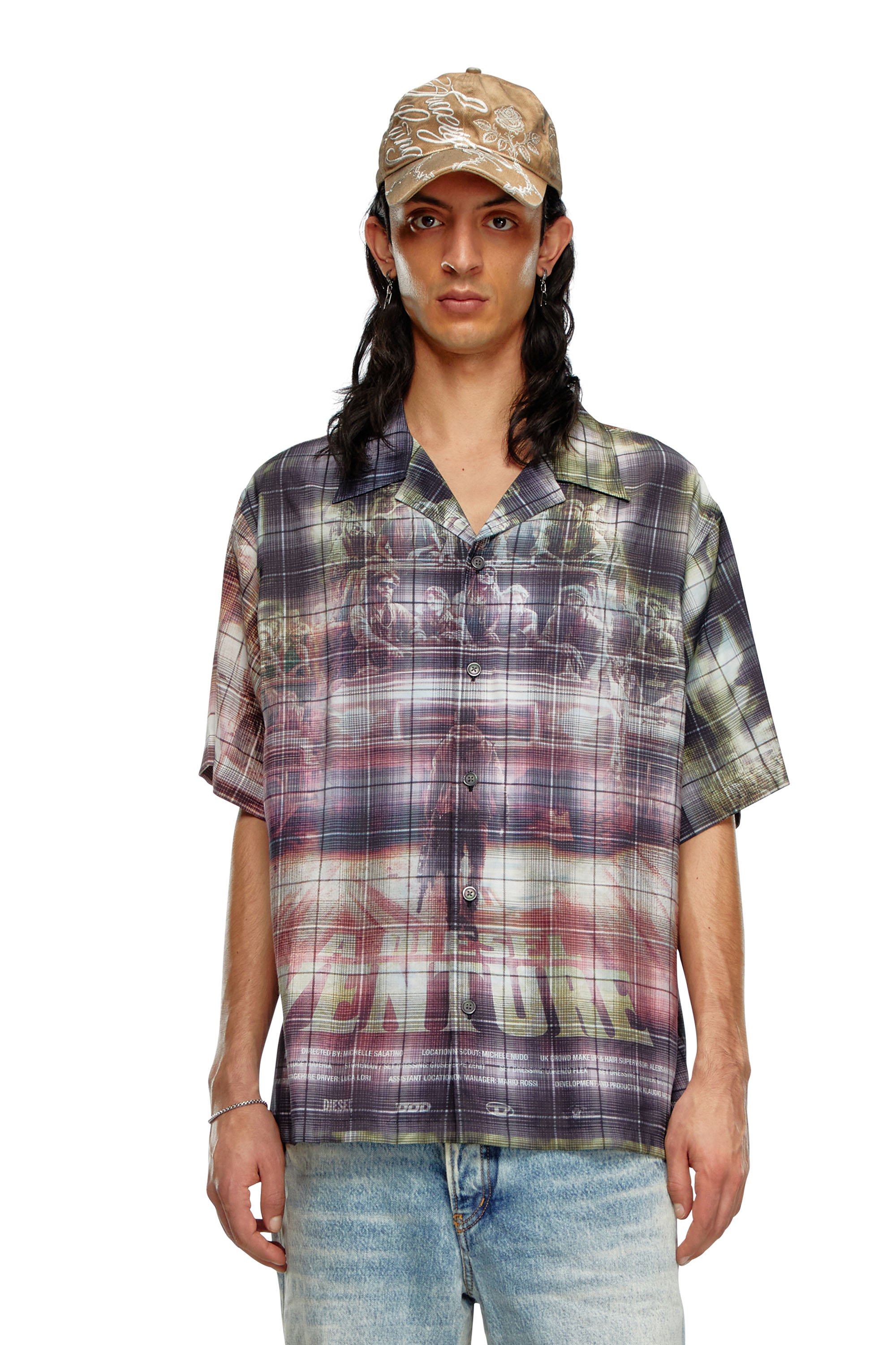 Diesel - S-TILBORG, Man's Short-sleeve check shirt with poster print in Green/Black - 1