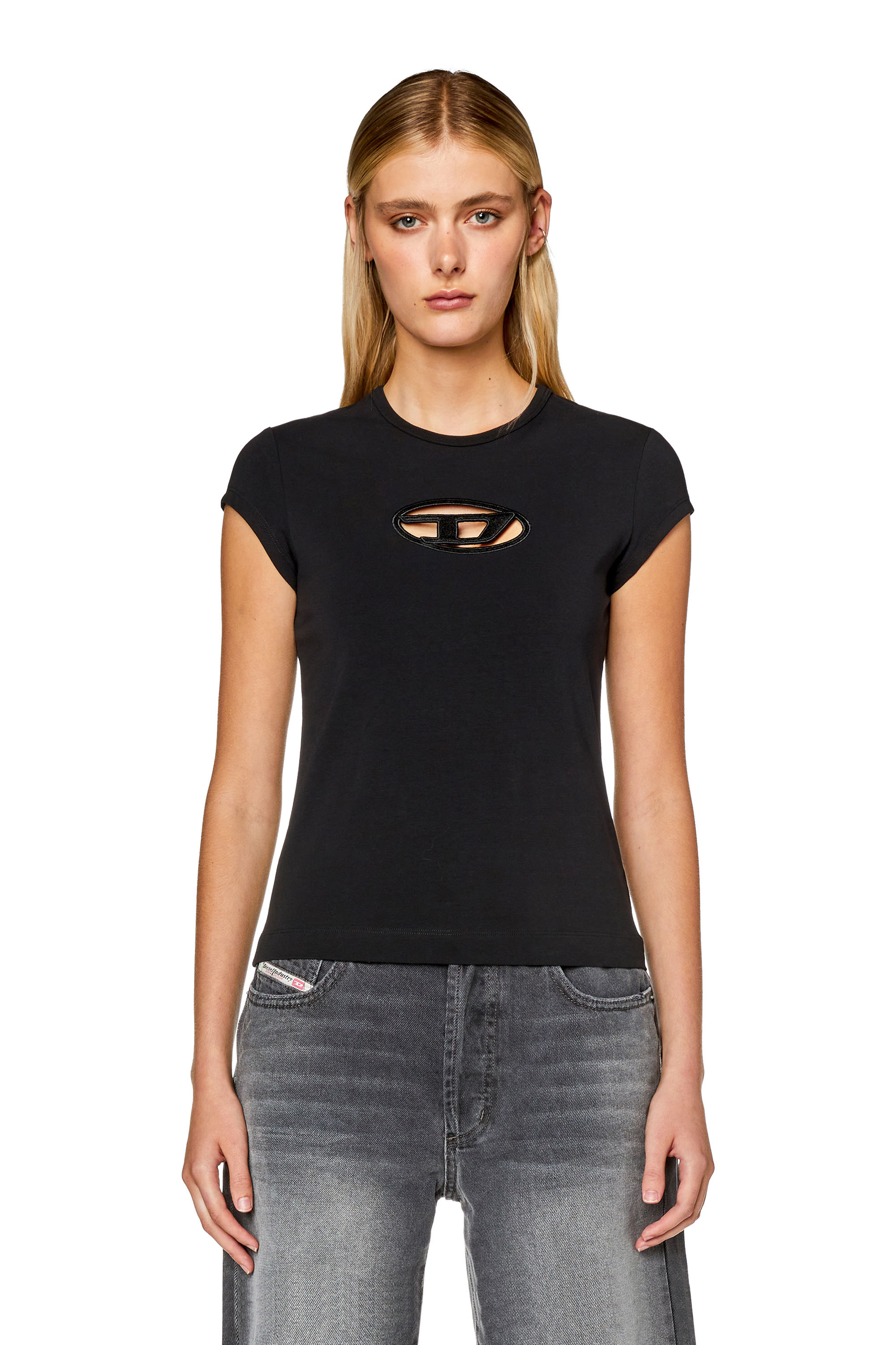 Diesel - T-ANGIE, Woman's T-shirt with peekaboo logo in Black - 5