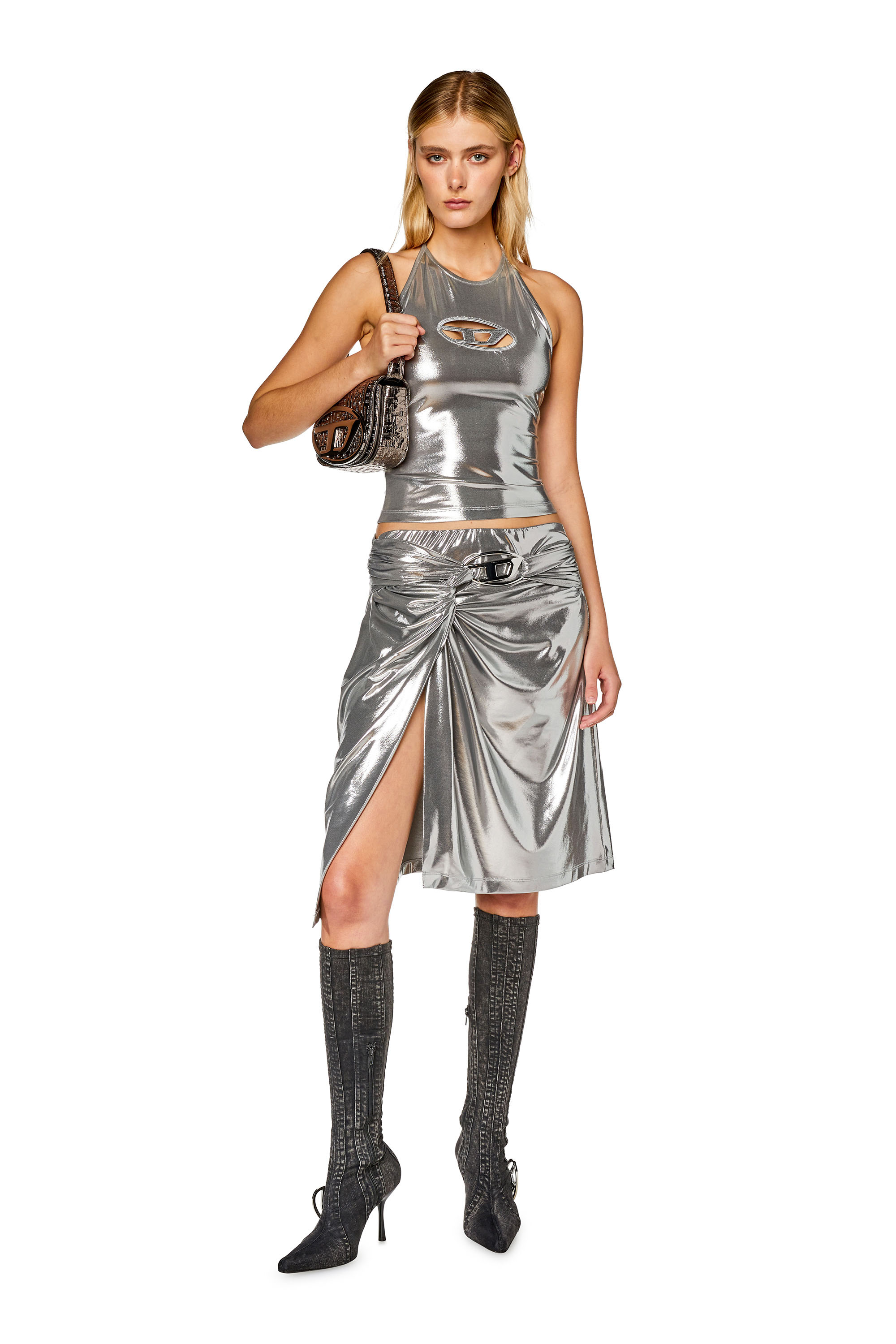 Diesel - O-MELT, Woman's Draped midi skirt with foil coating in Silver - 2