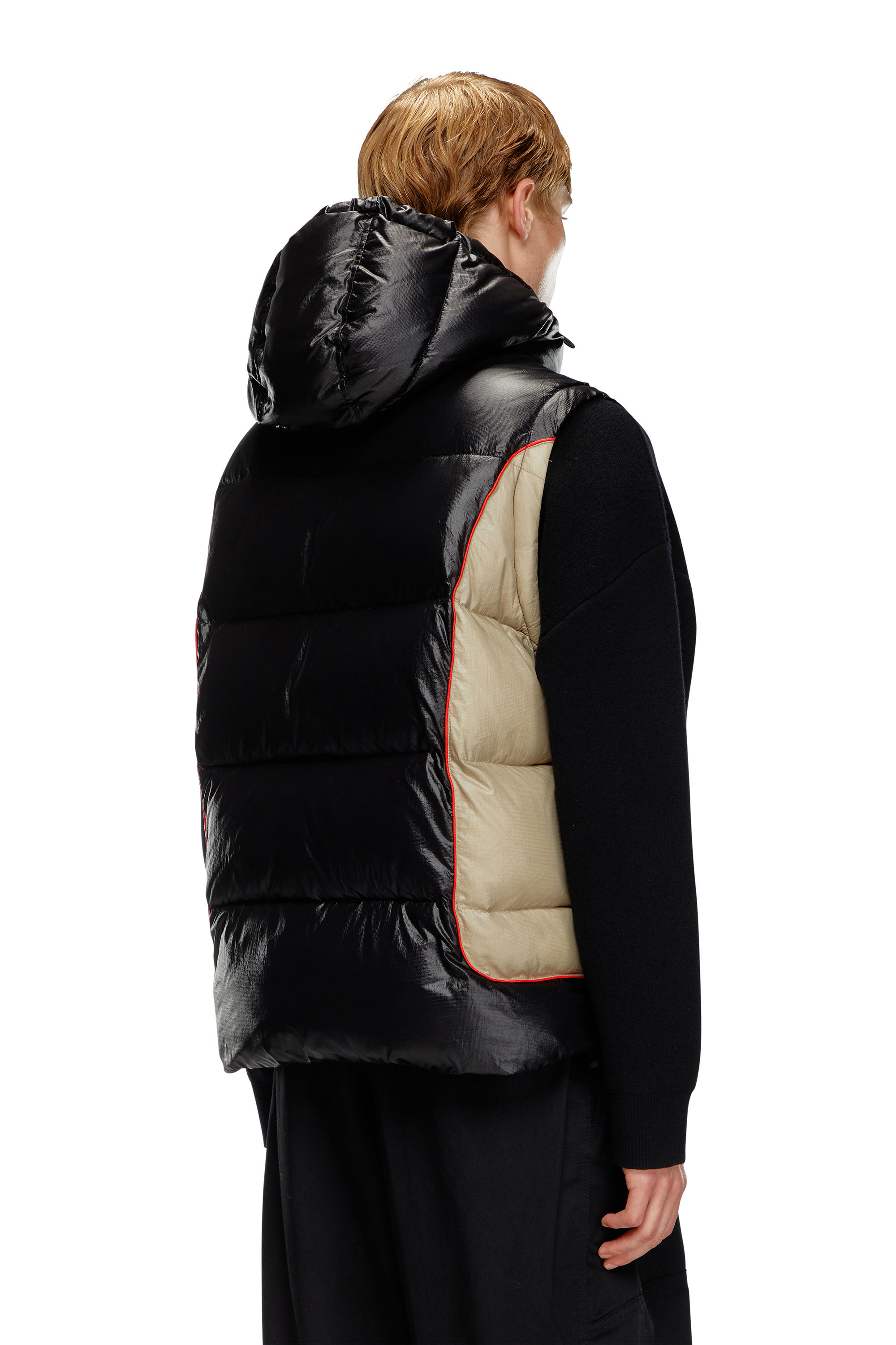 Diesel - W-OSTEND-SL, Man's Hooded puffer vest in shiny ripstop in Black/Beige - 3