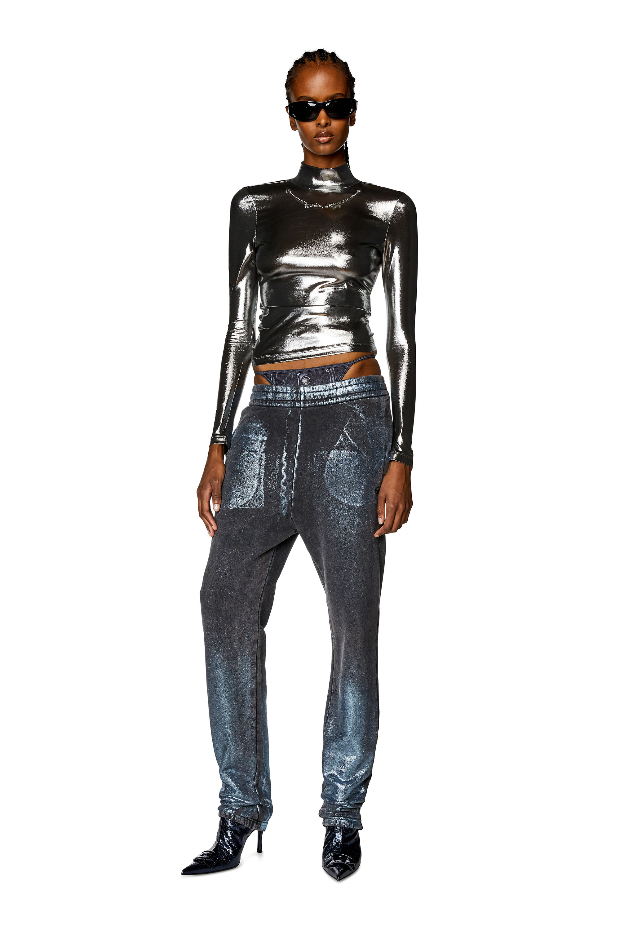 Diesel - T-META, Woman's Metallic top with chain detail in Black - 2