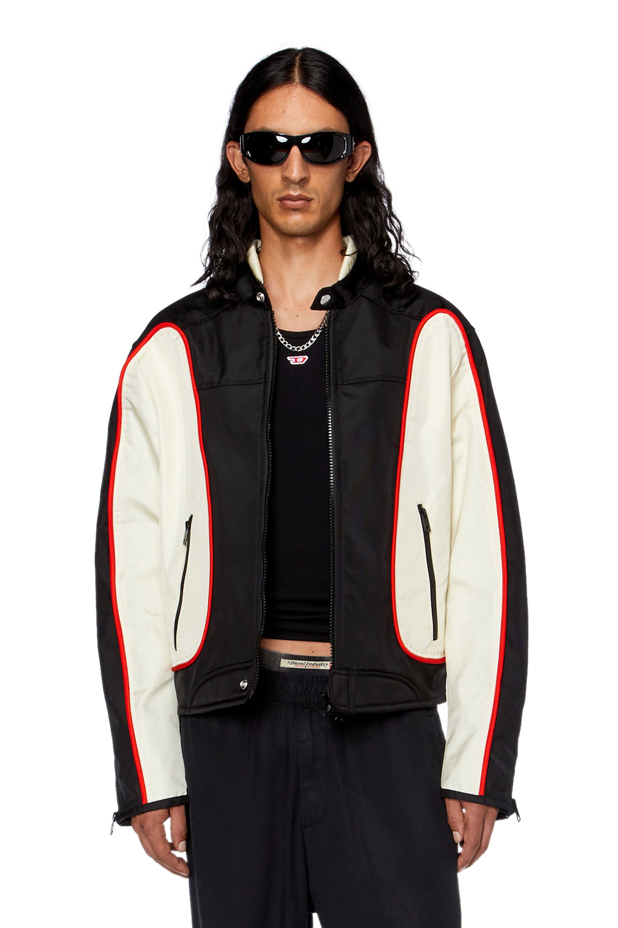 Diesel - J-BLINK, Man's Biker jacket in colour-block nylon in Black/White - 2