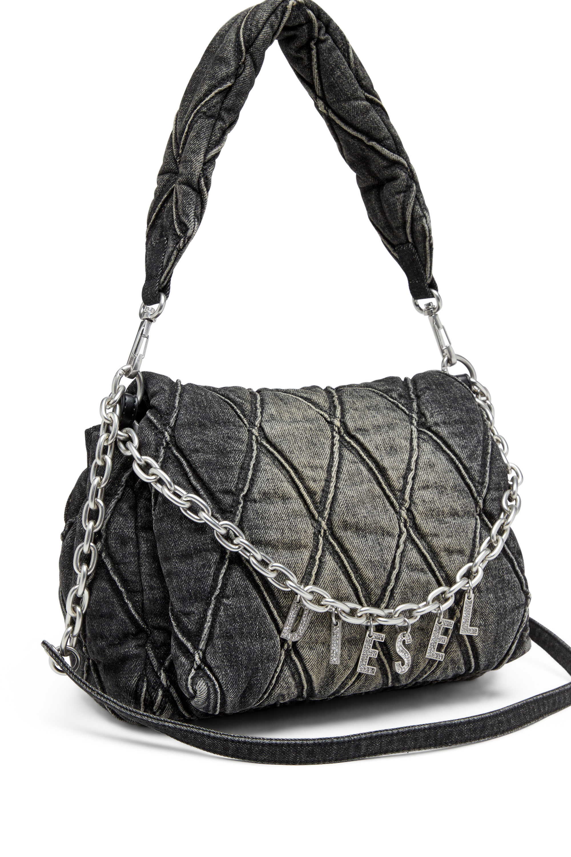 Diesel - CHARM-D SHOULDER M, Woman's Charm-D M-Shoulder bag in quilted denim in Black - 5