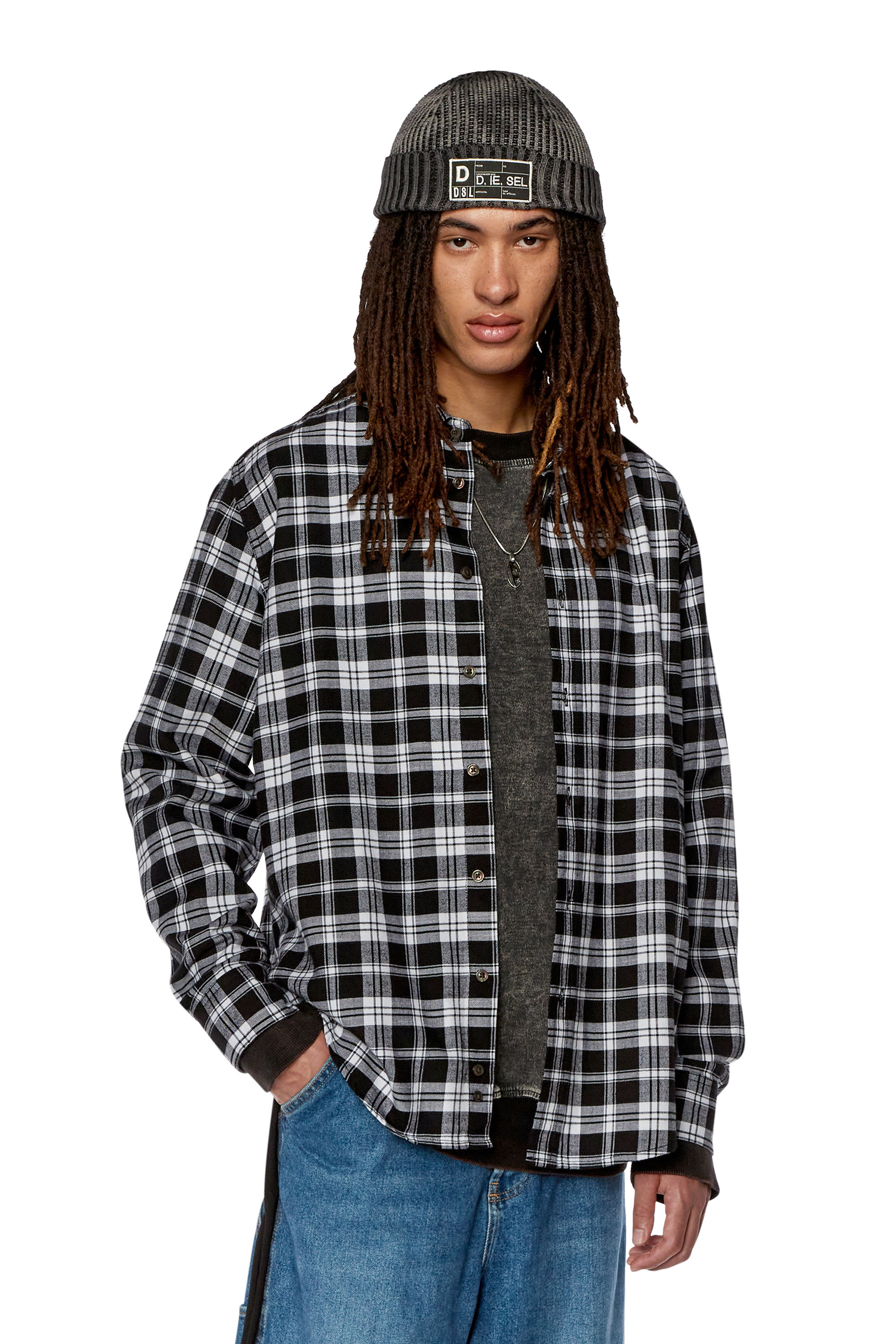 Diesel - S-UMBE-CHECK-NW, Man's Shirt in checked flannel in Black/White - 1