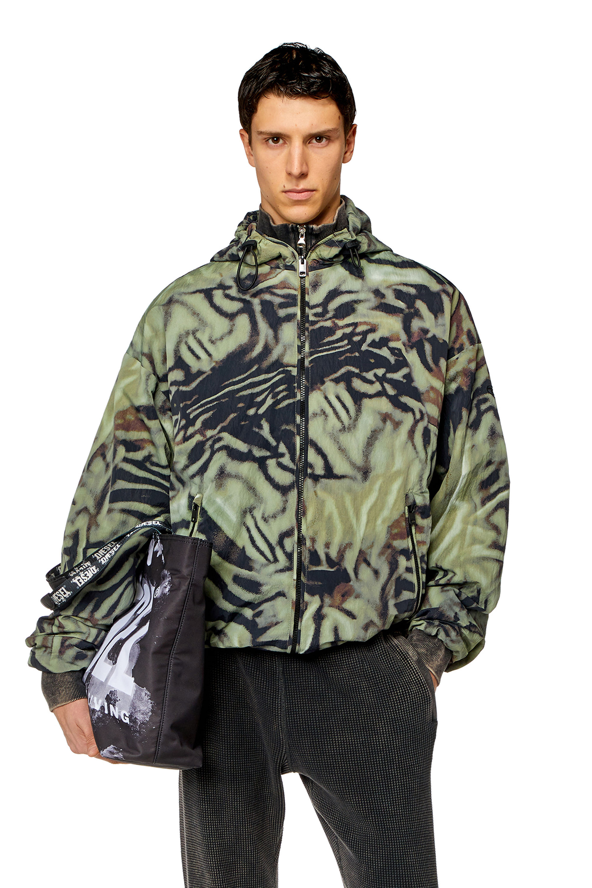 Diesel - J-LEOPOLD-ZEBRA, Man's Nylon windbreaker with camo-zebra print in Military Green - 1