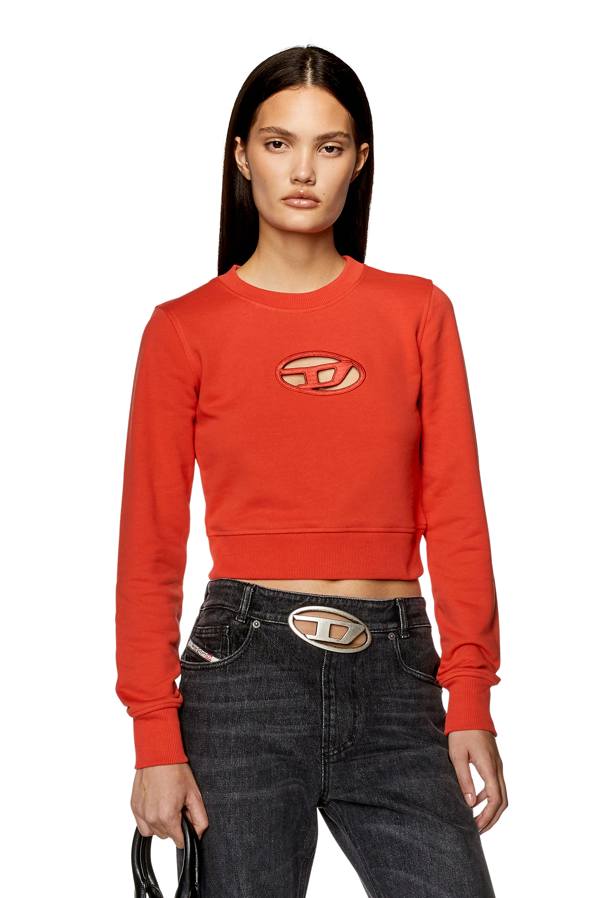 Diesel - F-SLIMMY-OD, Woman's Cropped sweatshirt with cut-out logo in Red - 1