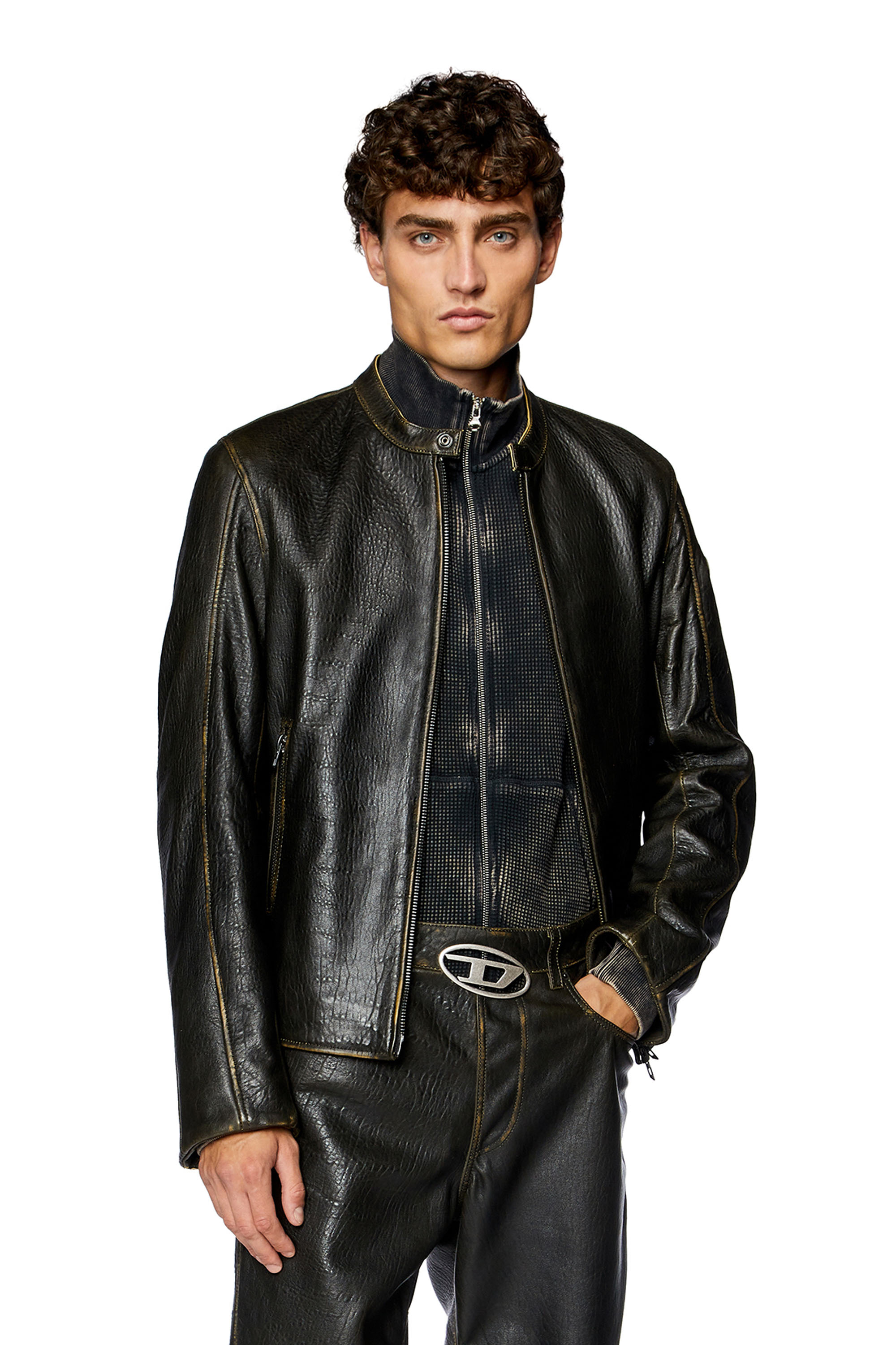 Diesel - L-COBBE, Man's Biker jacket in wrinkled leather in Brown - 1