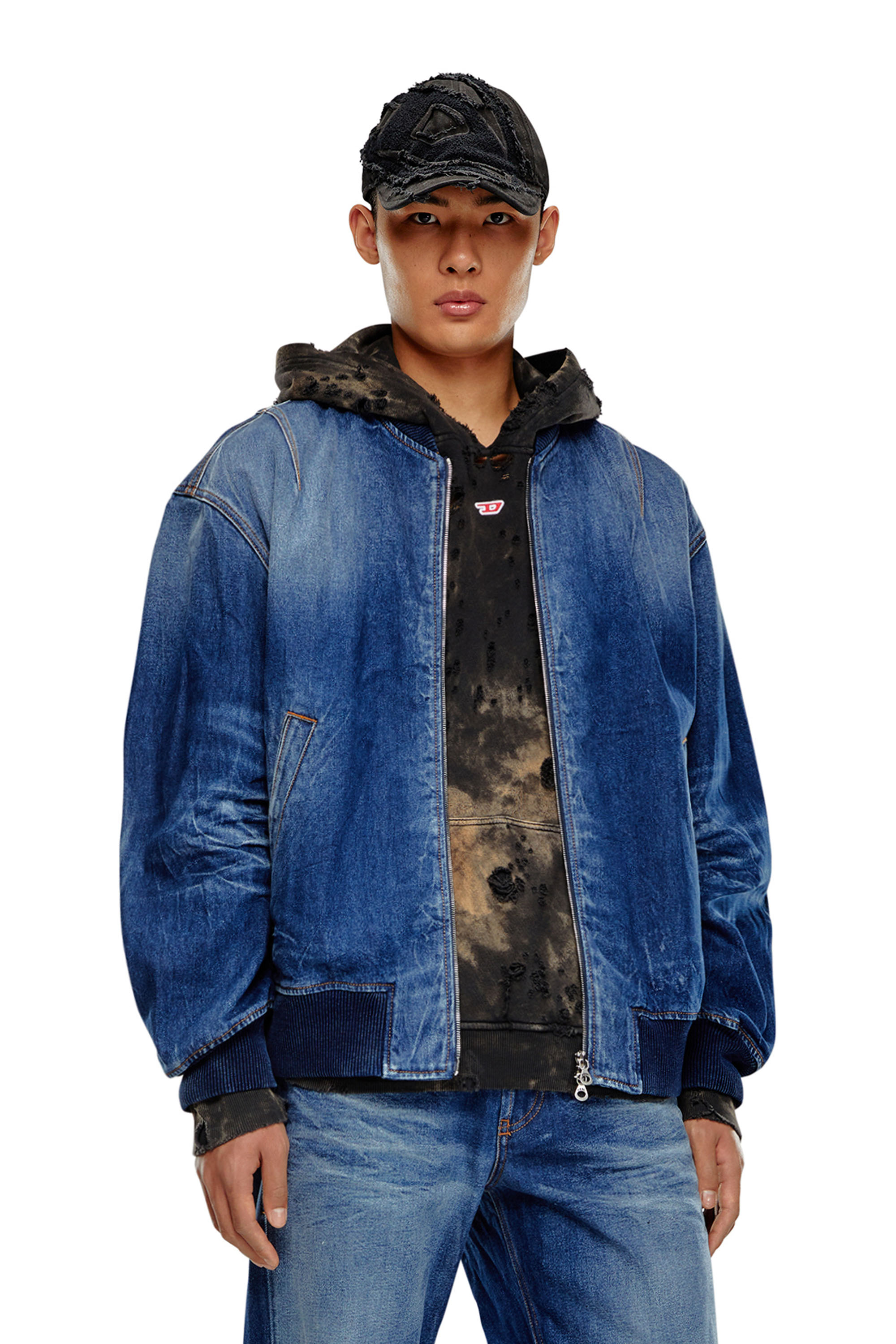 Diesel - D-VINZ-S, Man's Bomber jacket in dented denim in Dark Blue - 1