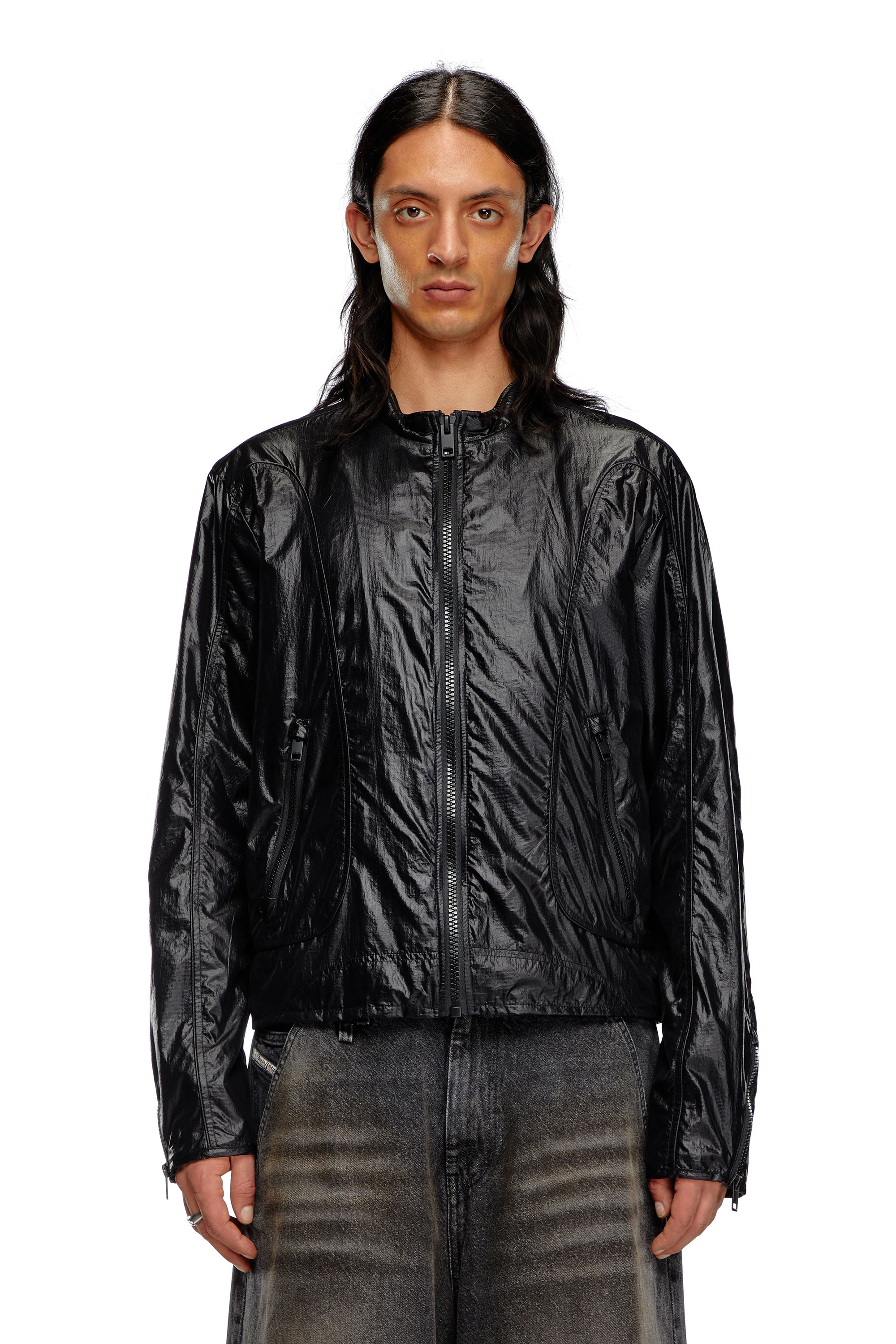 Diesel - J-CLAYS, Man's Biker jacket in shiny ripstop in Black - 5