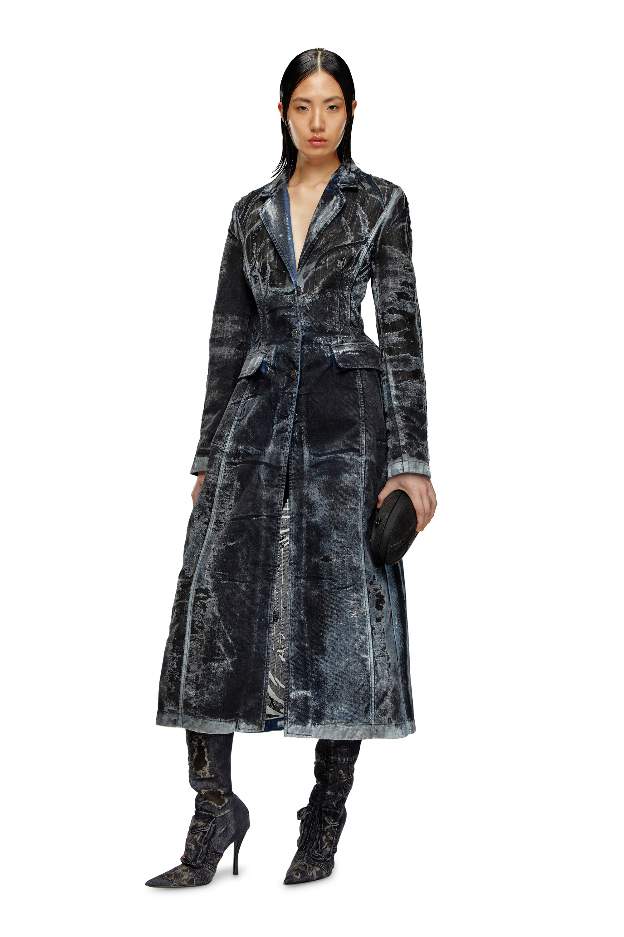 Diesel - DE-PIA-FSE, Woman's Coat in pinstriped devoré denim in Black/Blue - 1