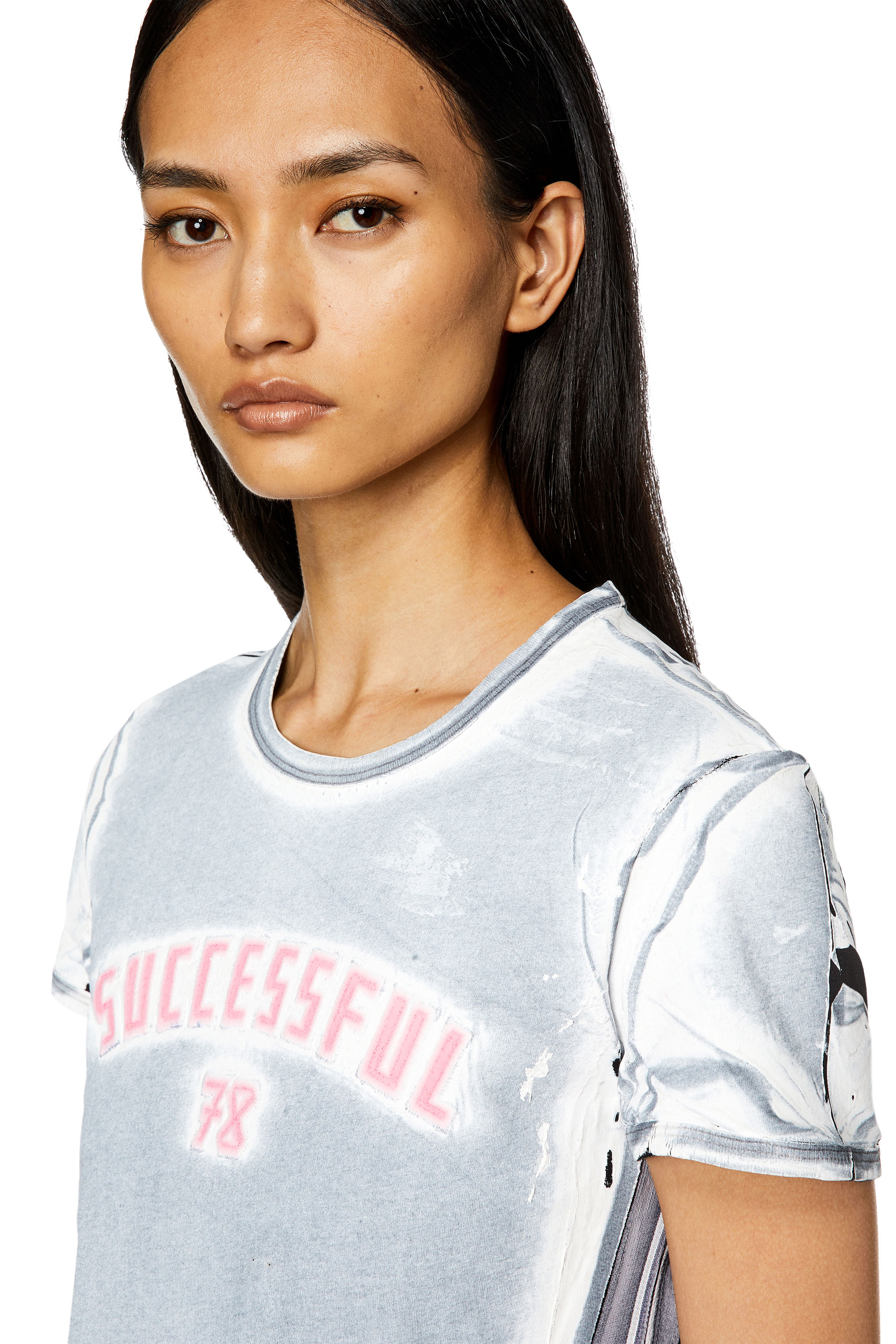 Diesel - T-UNCUTIE-LONG-M2, Woman's Printed T-shirt with logo appliqués in Light Blue - 4