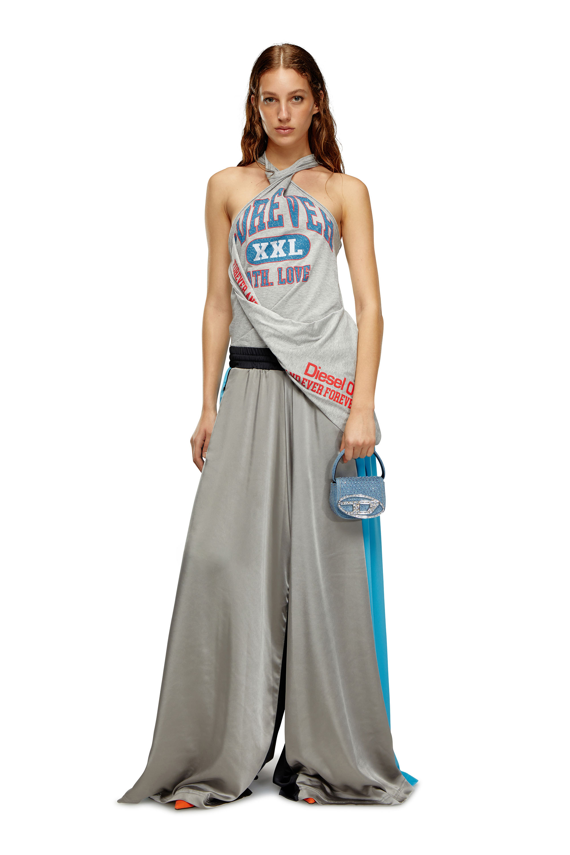 Diesel - P-WILD, Woman's Palazzo pants in satin and double knit in Blue/Grey - 3