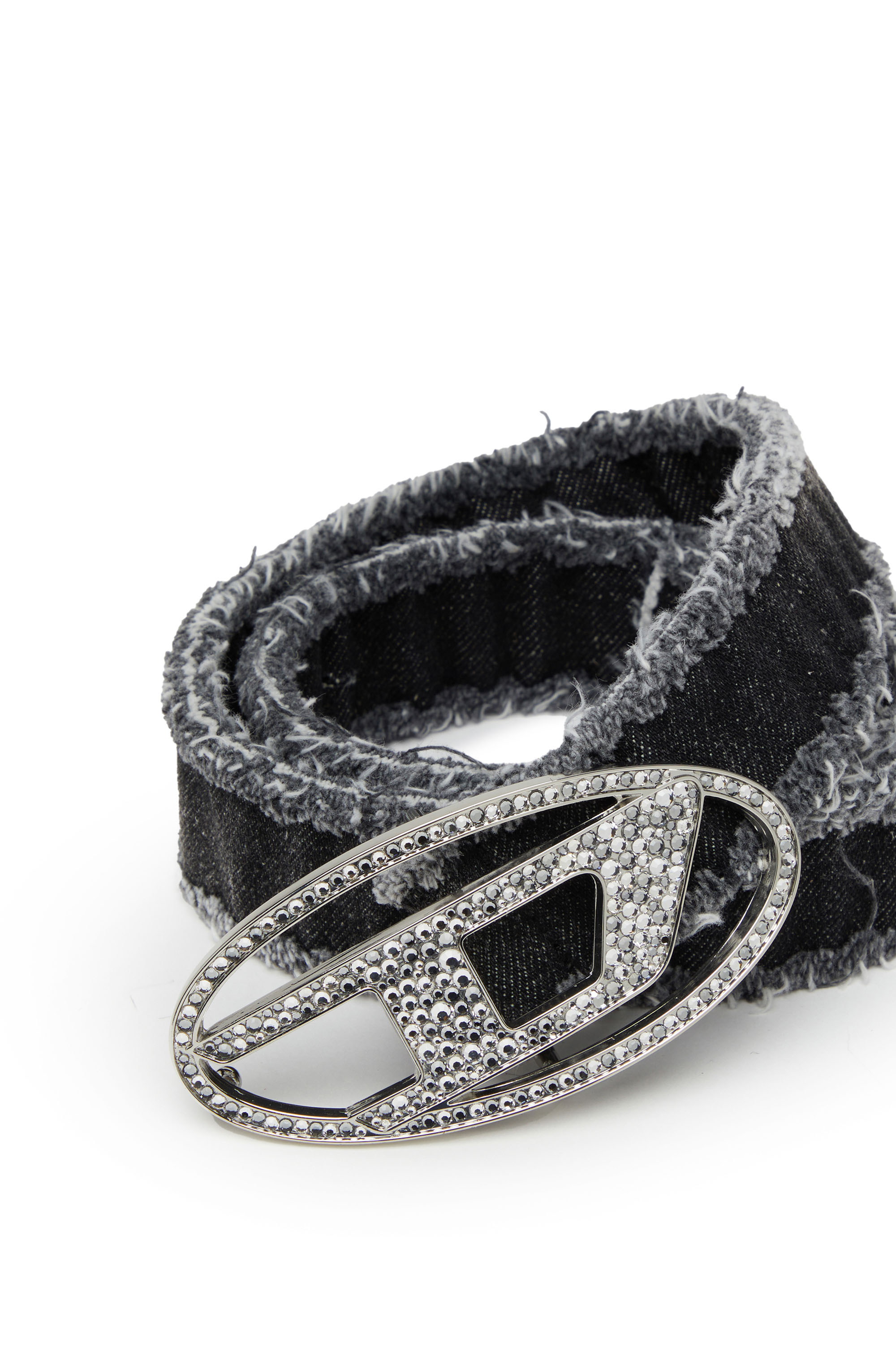 Diesel - B-1DR STRASS, Woman's Frayed denim belt with crystal D buckle in Black - 3