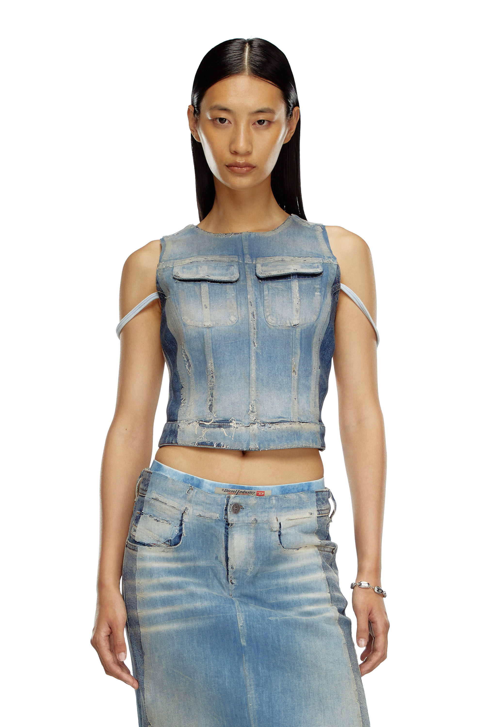 Diesel - DE-BENEDICTA-S, Woman's Top in peel-off denim and jersey in Light Blue - 1