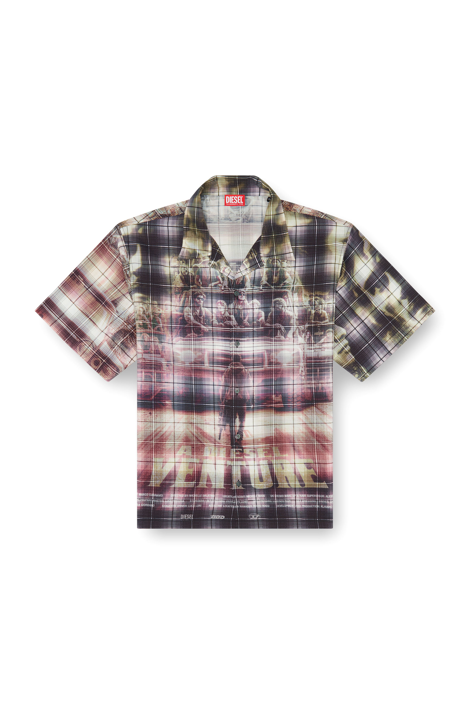 Diesel - S-TILBORG, Man's Short-sleeve check shirt with poster print in Green/Black - 4