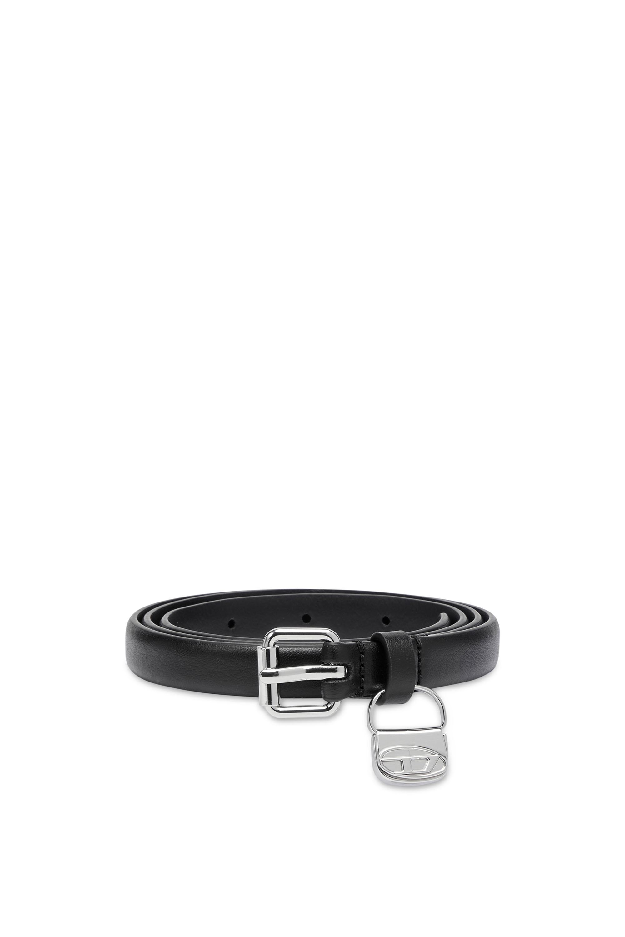 Diesel - B-CHARM HIP, Woman's Slim leather belt with 1DR bag charm in Black - 1