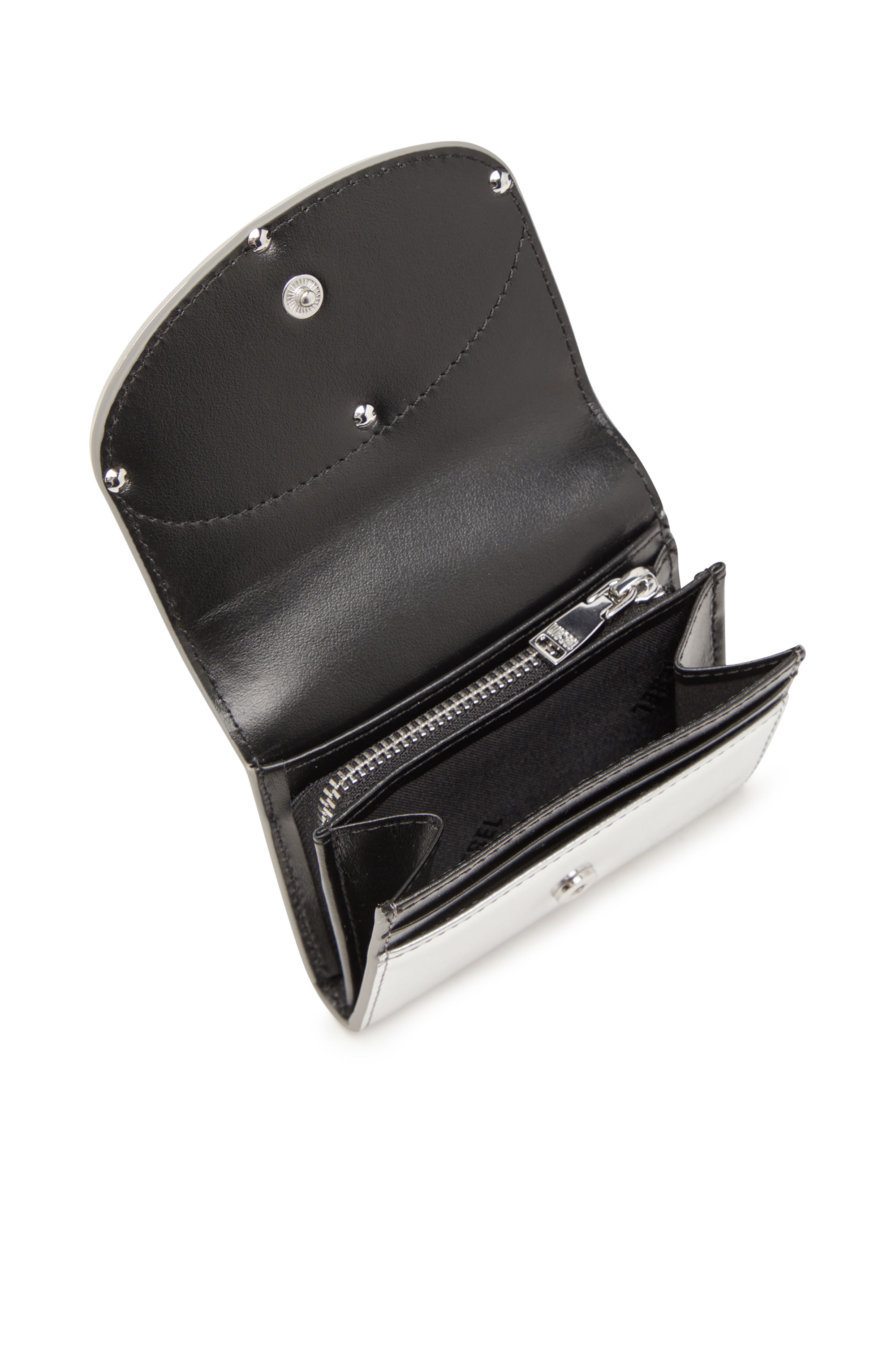 Diesel - 1DR CARD HOLDER BI-FOLD ZIP III, Tarjetero de cuero espejado que se pliega por la mitad Mujer in Plateado - 4