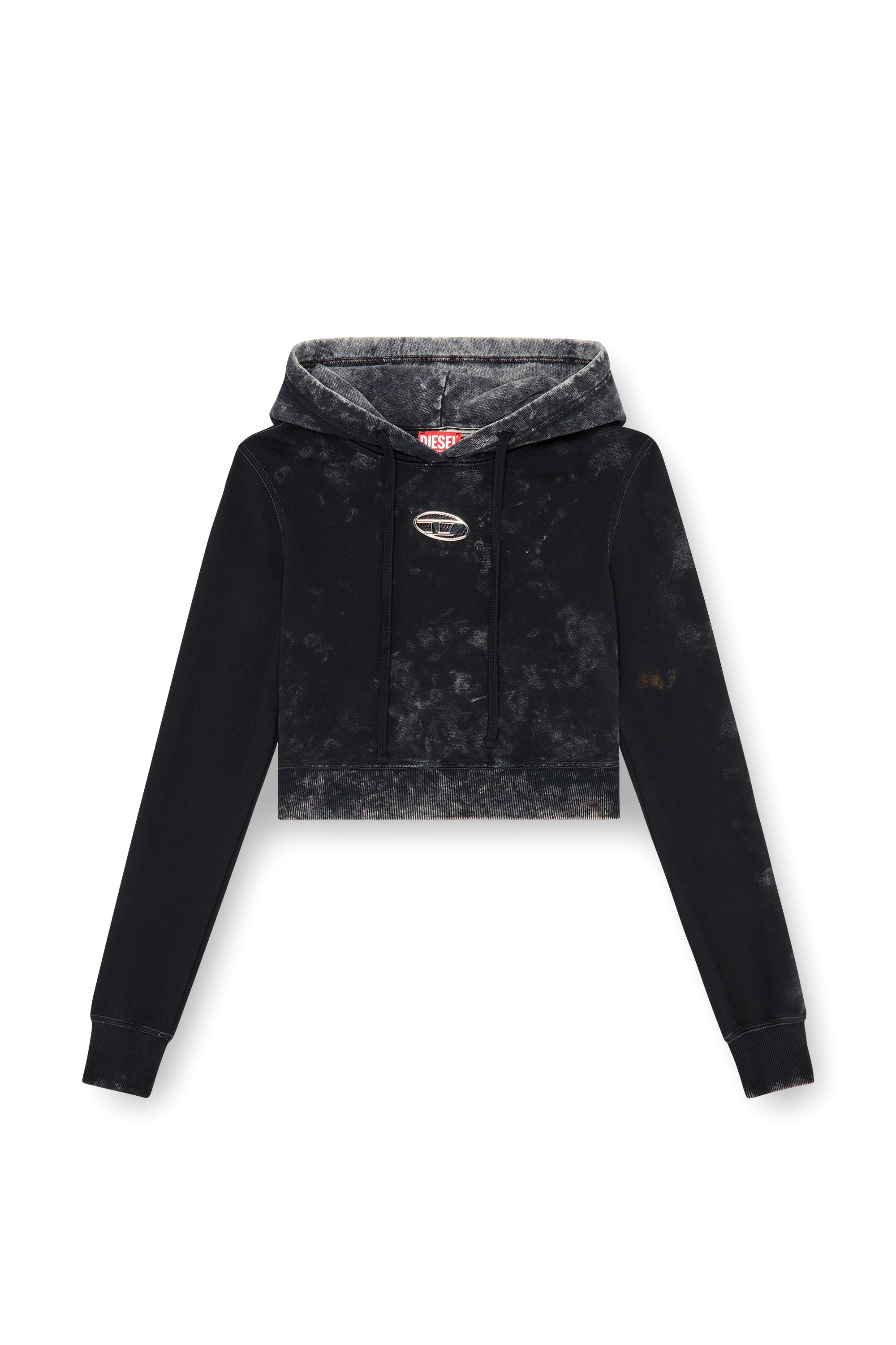 Diesel - F-SLIMMY-HOOD-P5, Sudadera recortada desteñida con capucha y logotipo de metal Mujer in Negro - 4