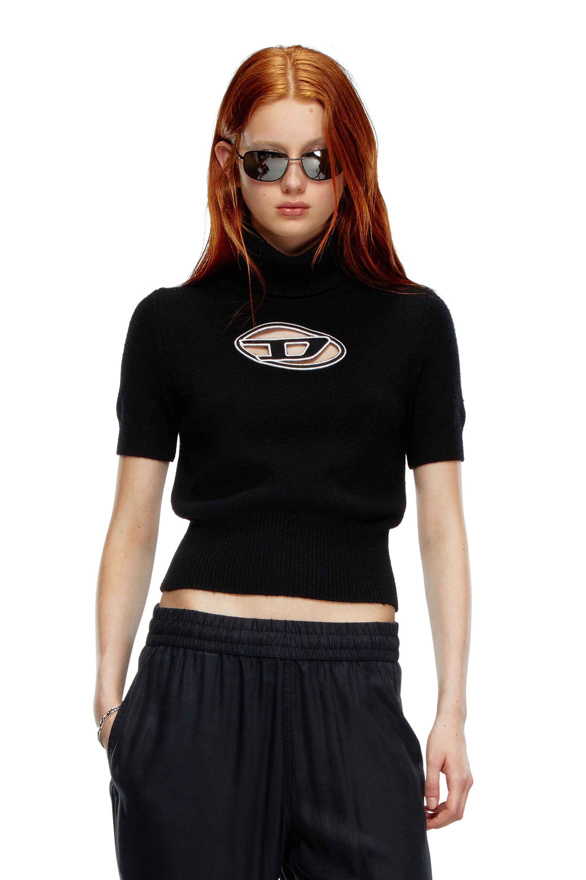 Diesel - M-ARGARET, Woman's Short-sleeve jumper with cut-out logo in Black - 1