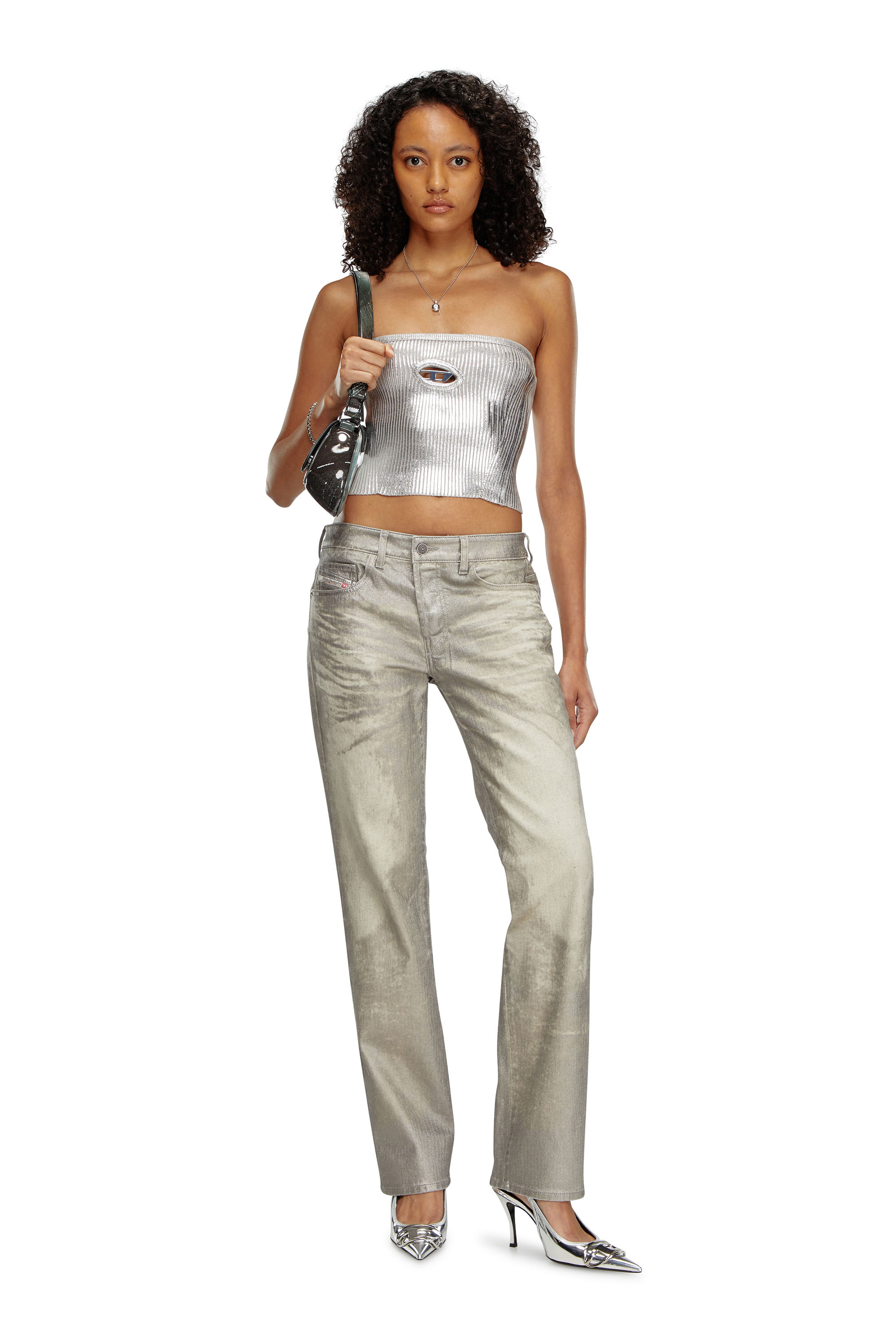 Diesel - M-CLARKSVILLEX-C, Woman's Metallic tube top with logo hardware in Grey - 2