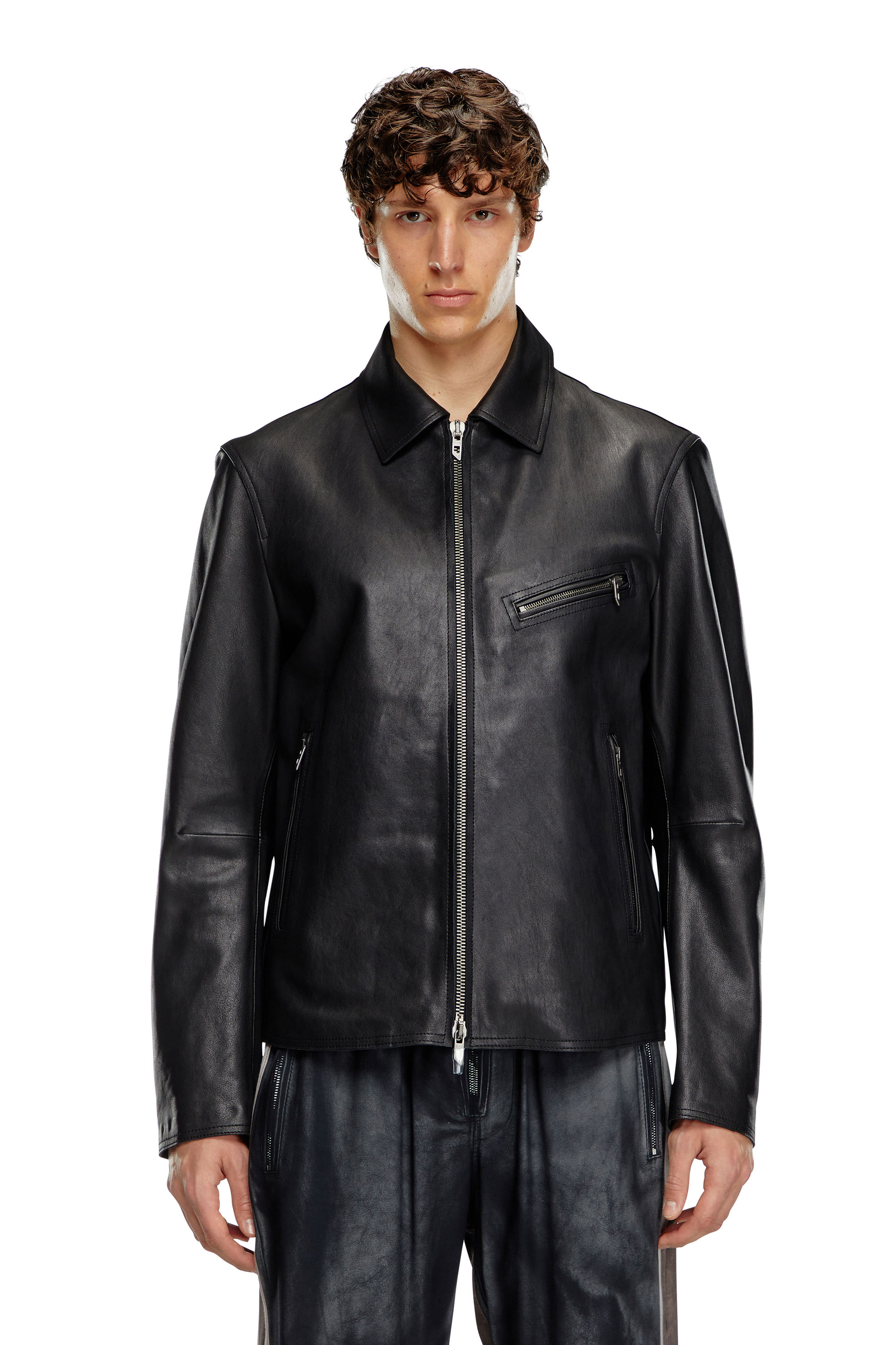 Diesel - L-KORN-A, Man's Leather jacket with embossed Oval D in Black - 5