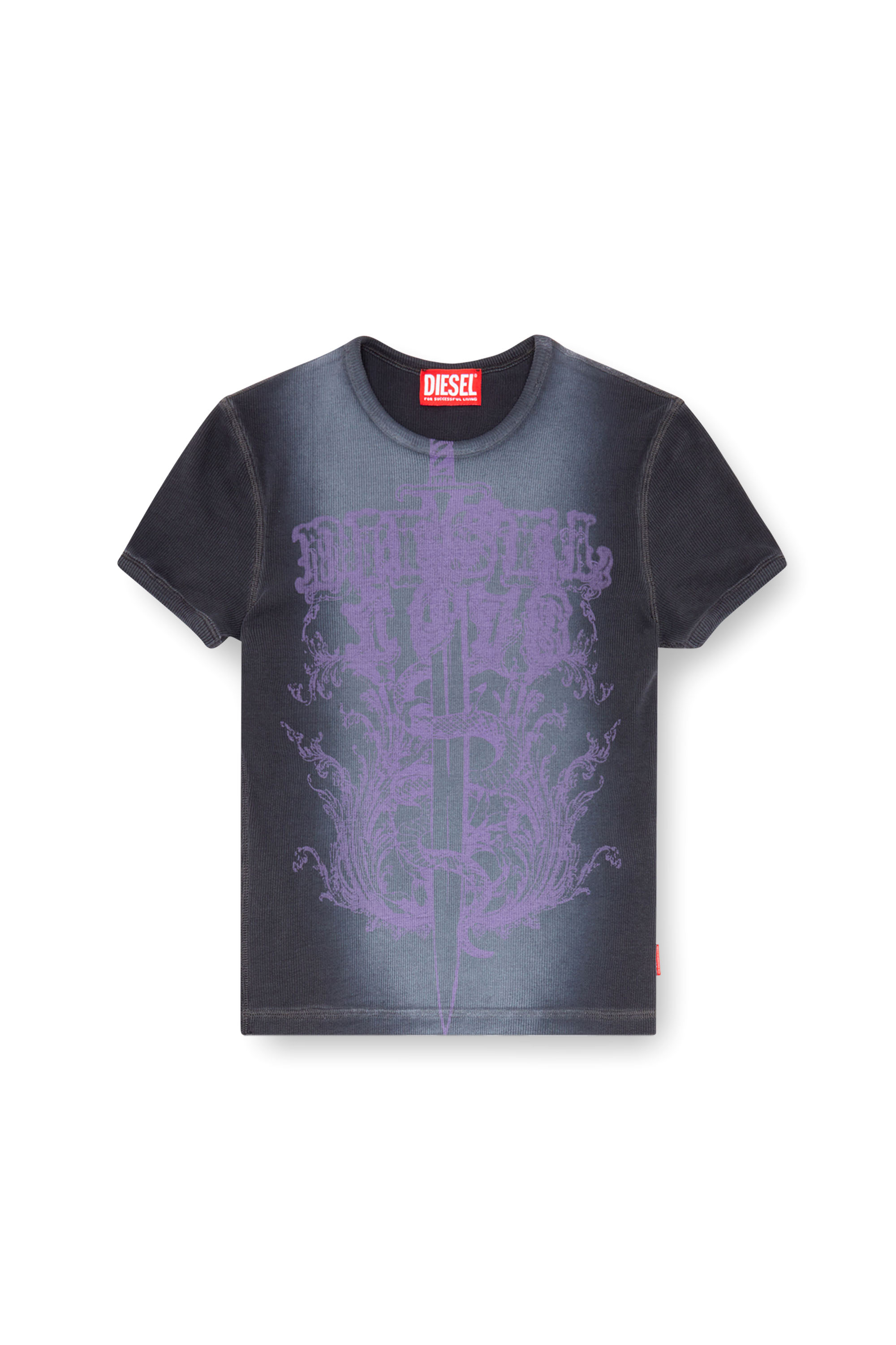 Diesel - T-ELE-LONG-P1, Woman's Ribbed T-shirt with Diesel sword print in Black/Violet - 4