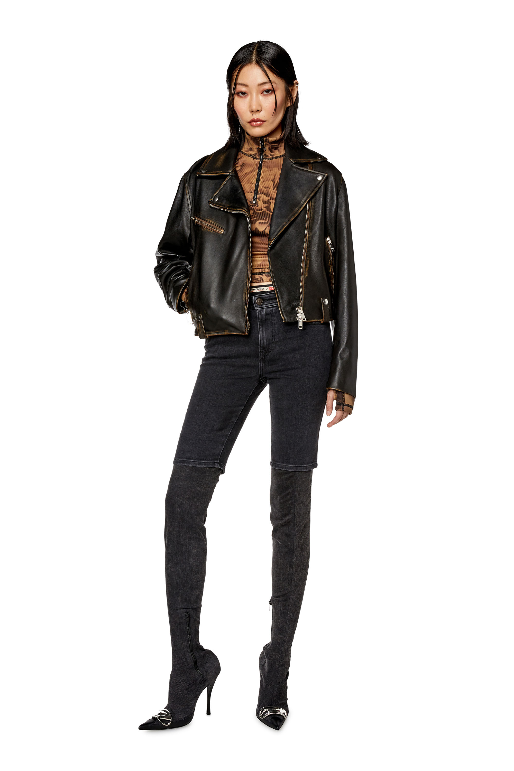 Diesel - L-EDME, Woman's Biker jacket in tumbled leather in Black - 2