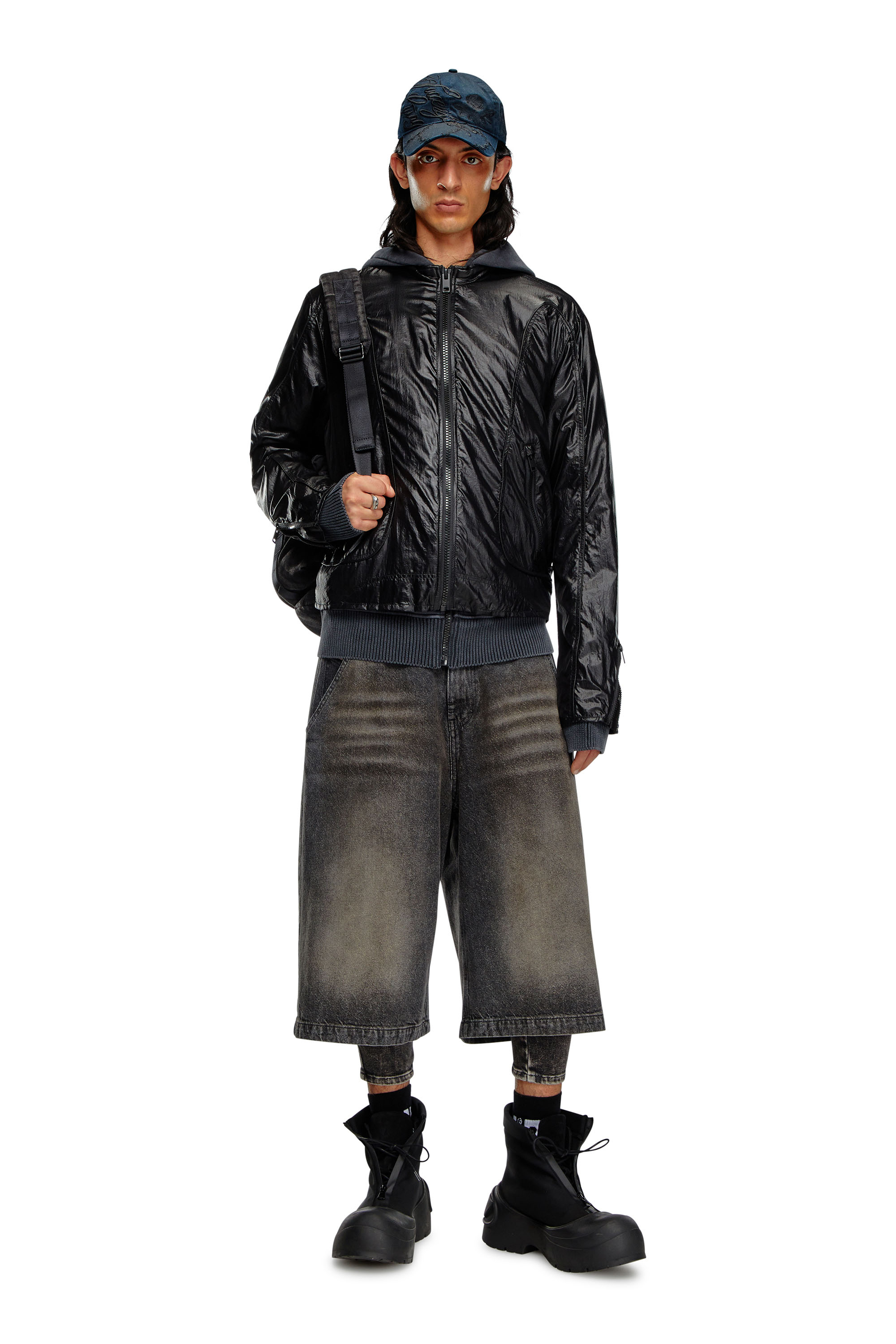 Diesel - J-CLAYS, Man's Biker jacket in shiny ripstop in Black - 2