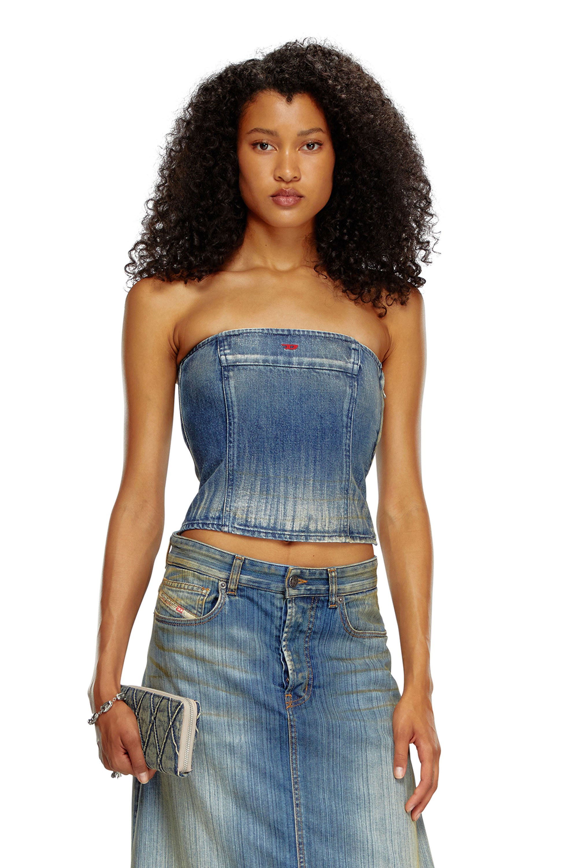 Diesel - DE-VILLE, Woman's Tube top in dirt-wash denim in Medium blue - 1