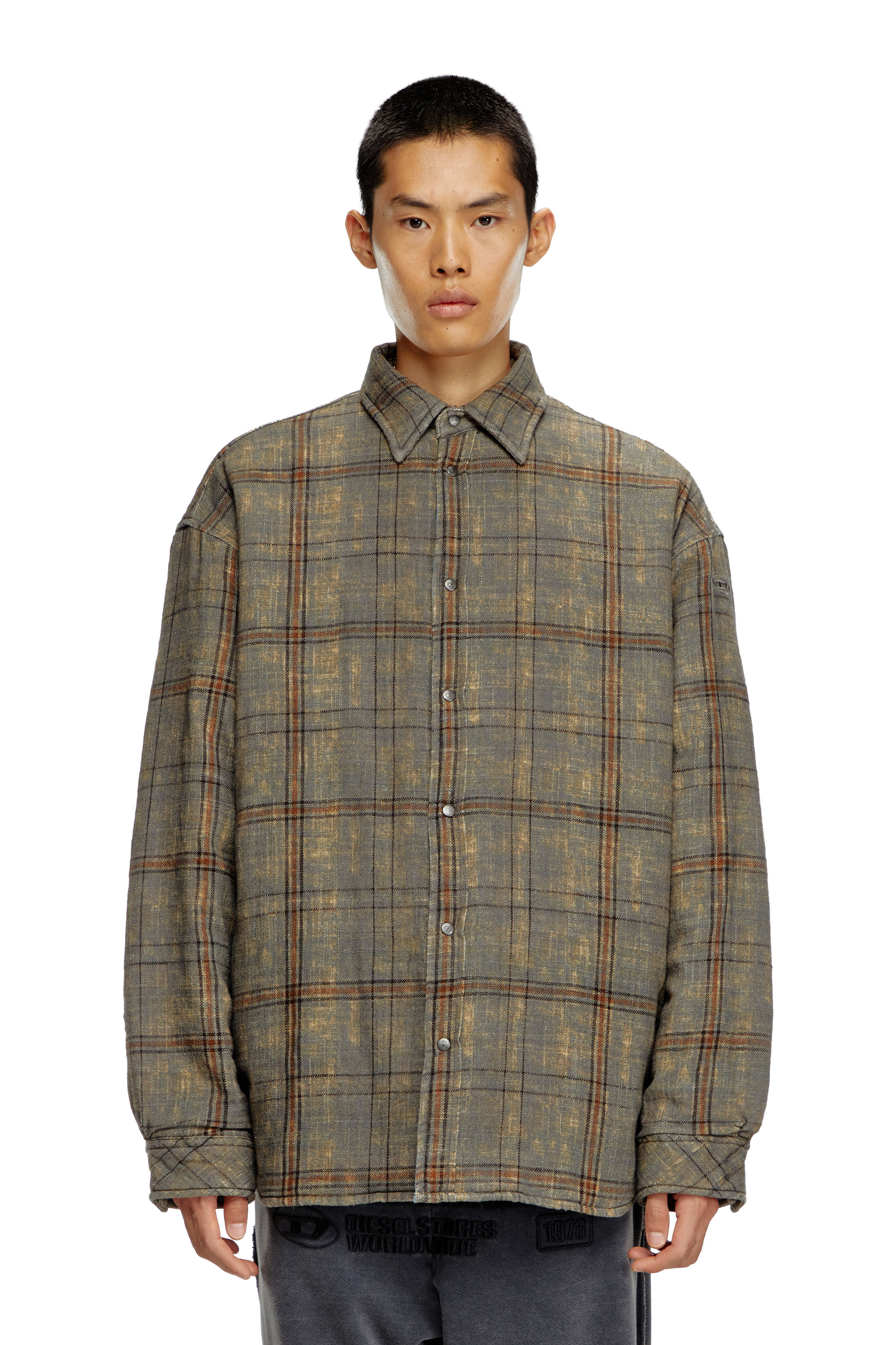 Diesel - S-HAMME, Man's Padded jacket in checked slub cotton in Green/Brown - 5