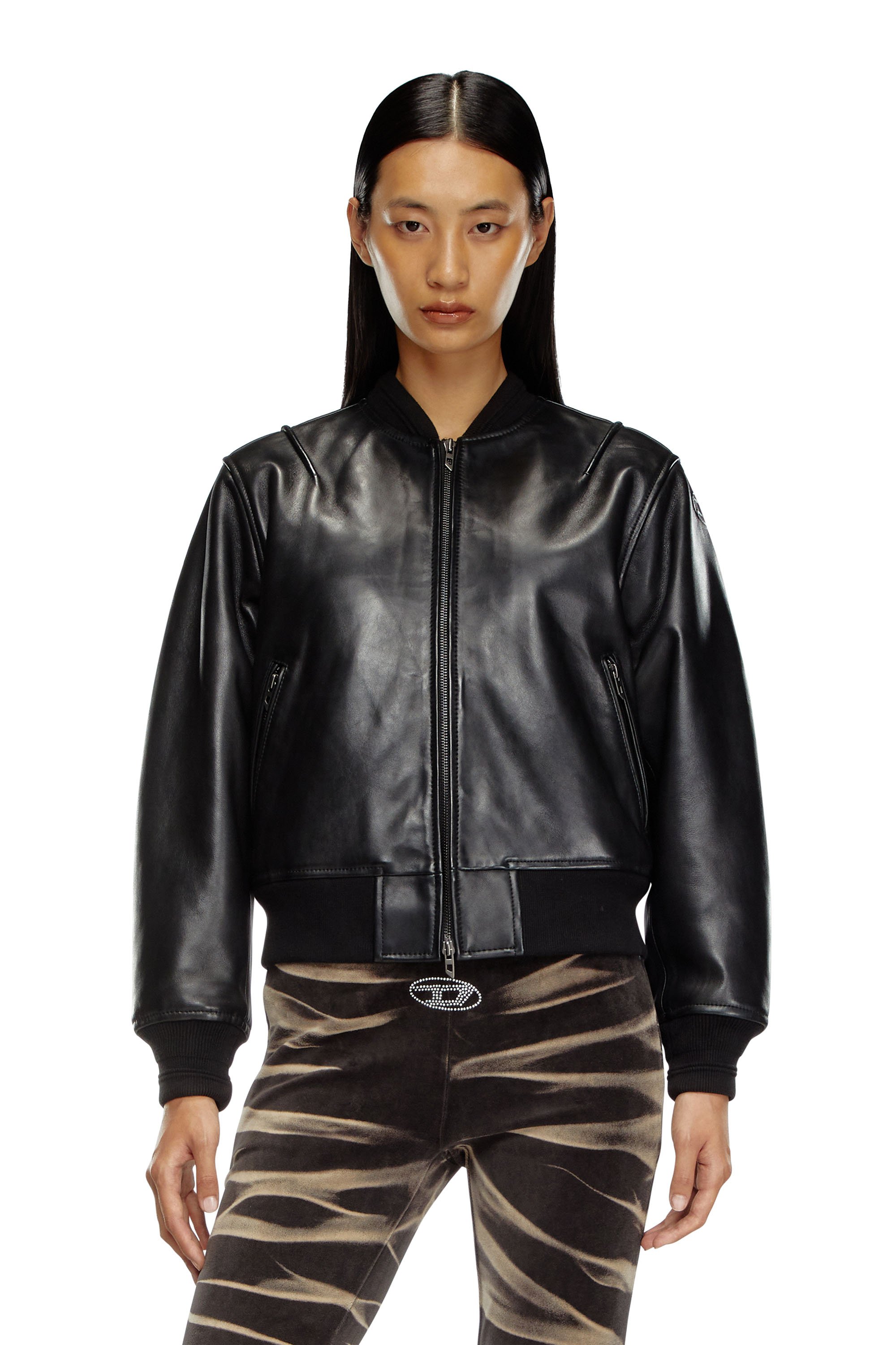 Diesel - L-ILAN, Chaqueta bomber extragrande de cuero Mujer in Negro - 1