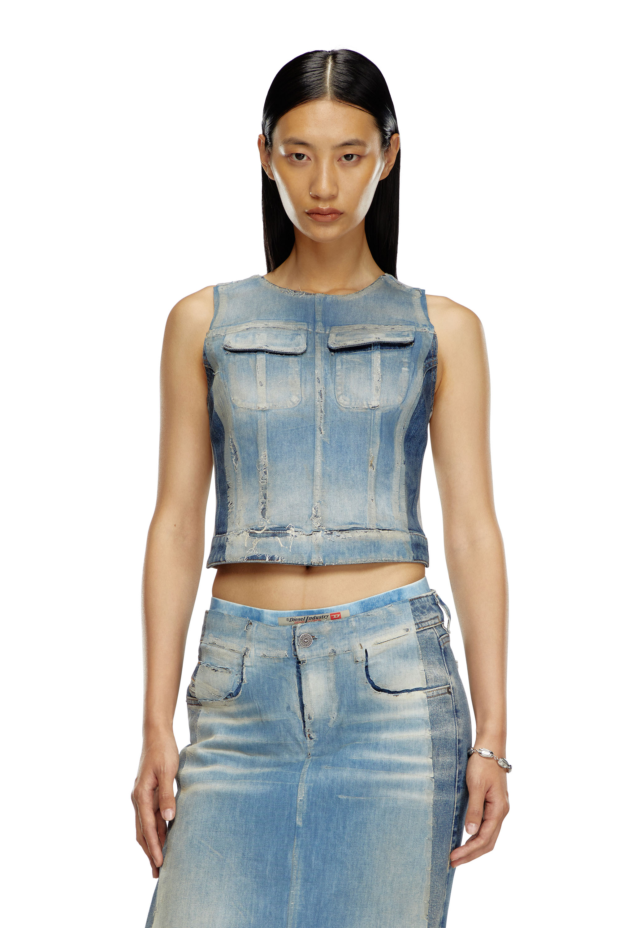 Diesel - DE-BENEDICTA-S, Top de denim despegado y algodón Mujer in Azul marino - 5