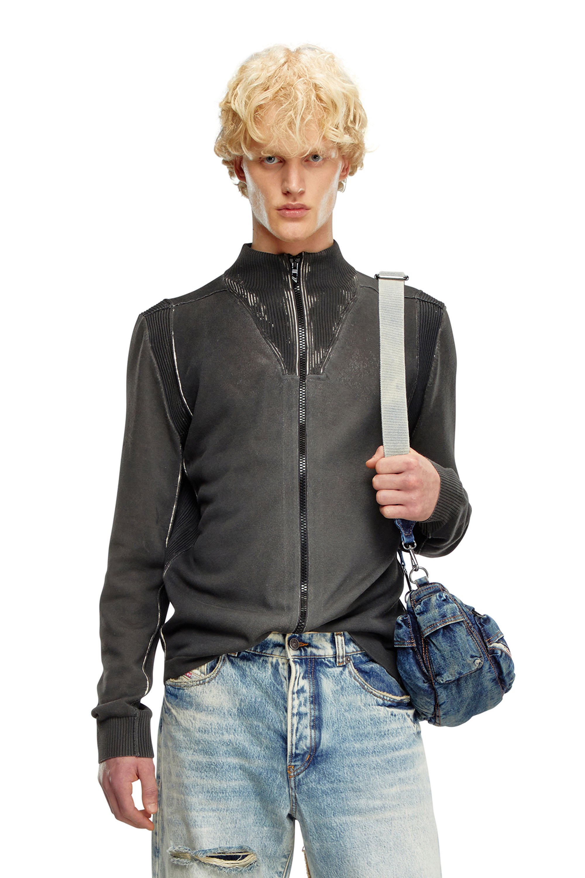 Diesel - K-DENIM-ZIP, Cárdigan con cremallera de algodón tratado Hombre in Negro - 1