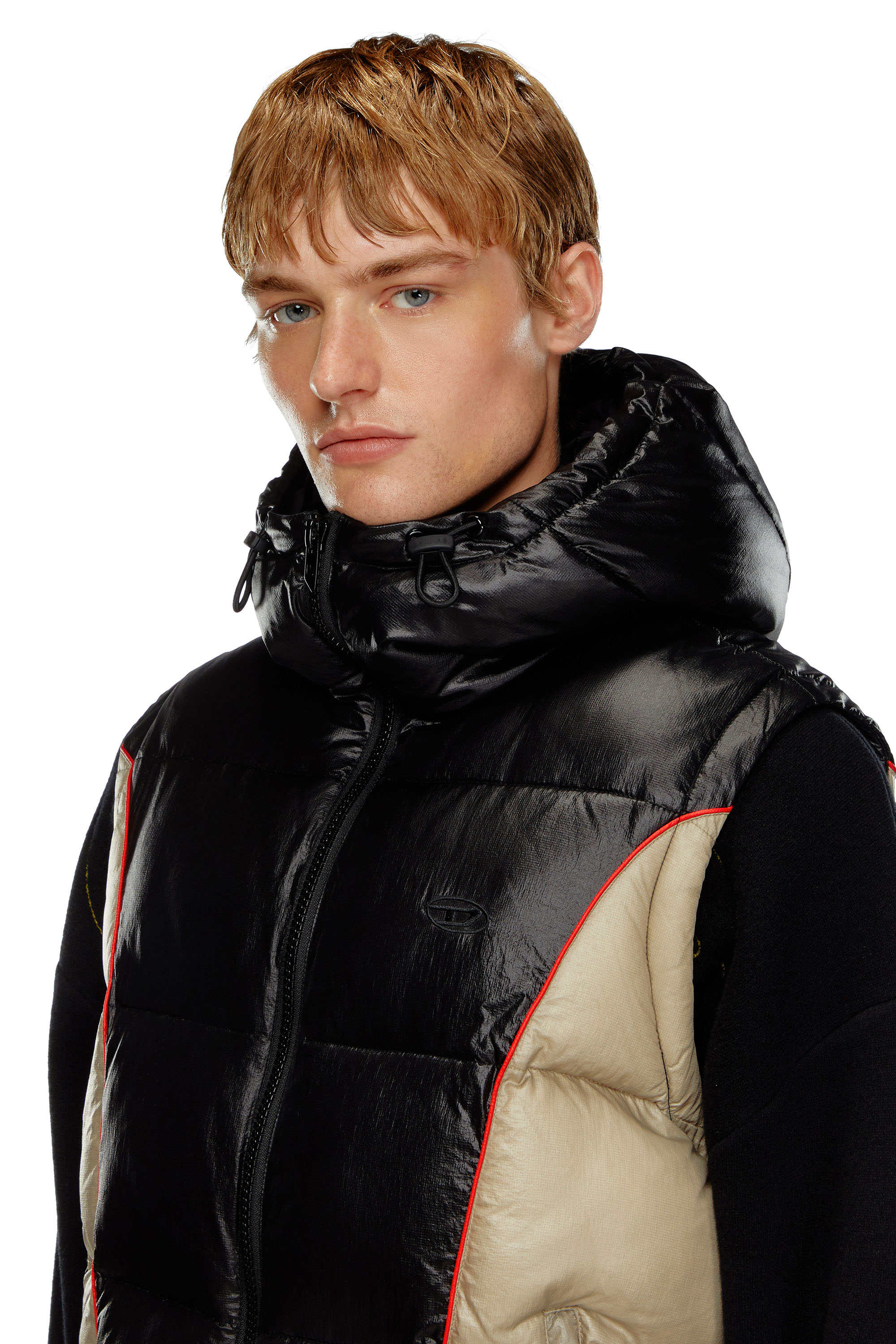 Diesel - W-OSTEND-SL, Man's Hooded puffer vest in shiny ripstop in Black/Beige - 4