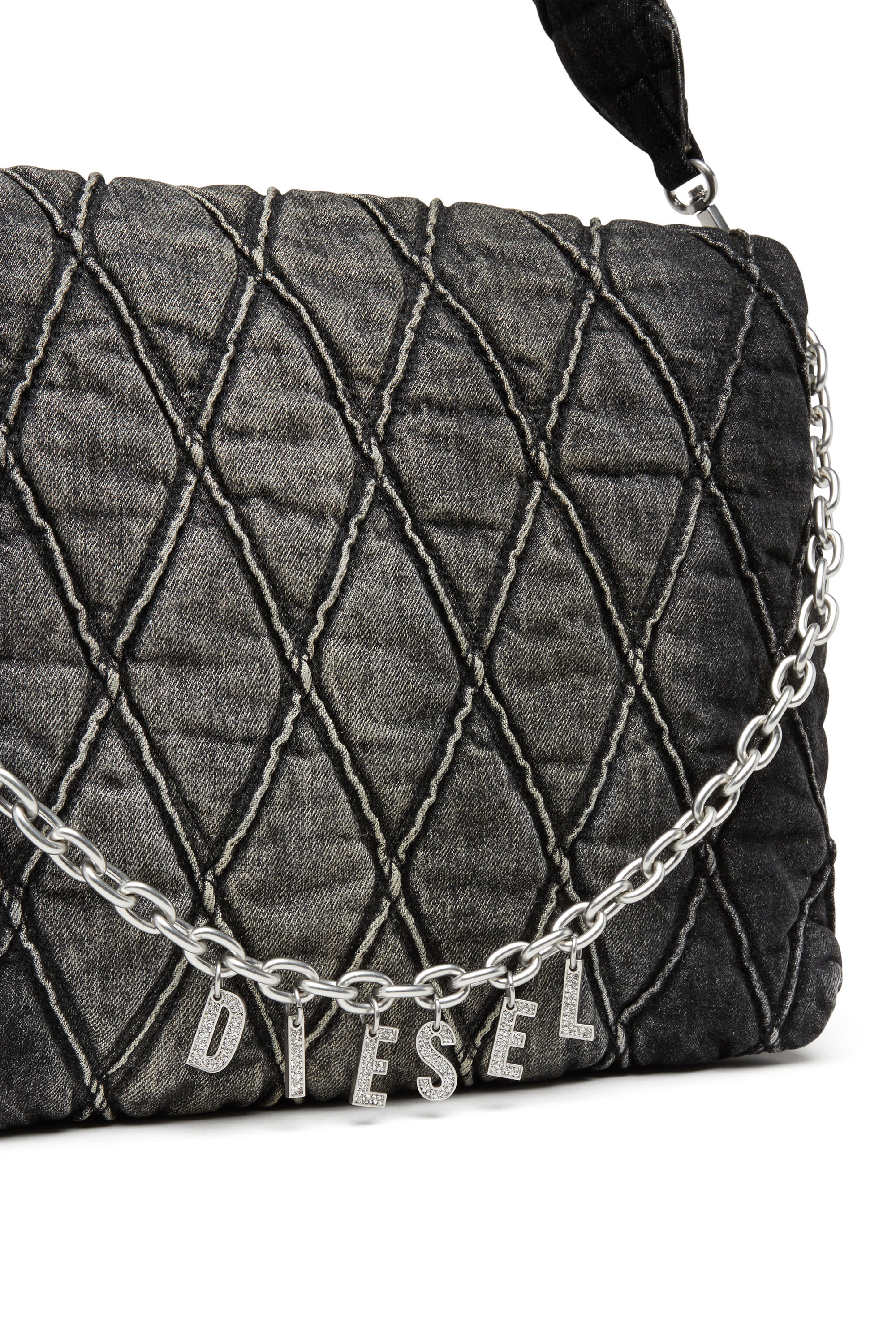 Diesel - CHARM-D SHOULDER L, Charm-D L-Bolso de hombro grande de denim acolchado Mujer in Negro - 5